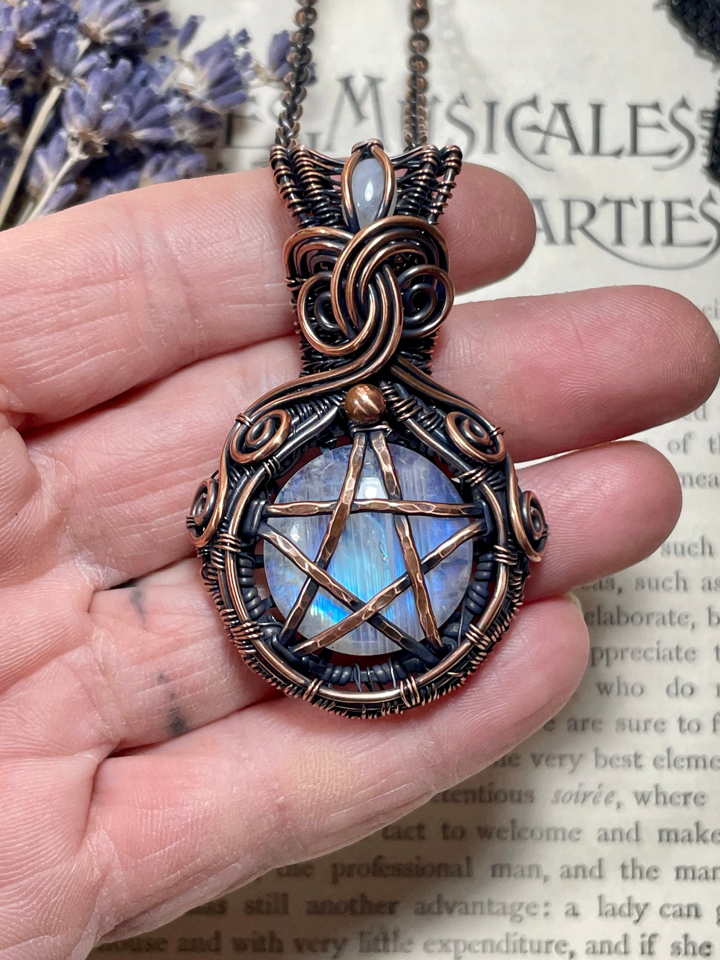 Moonstone (Rainbow Moonstone) Pentacle Pendant in Copper