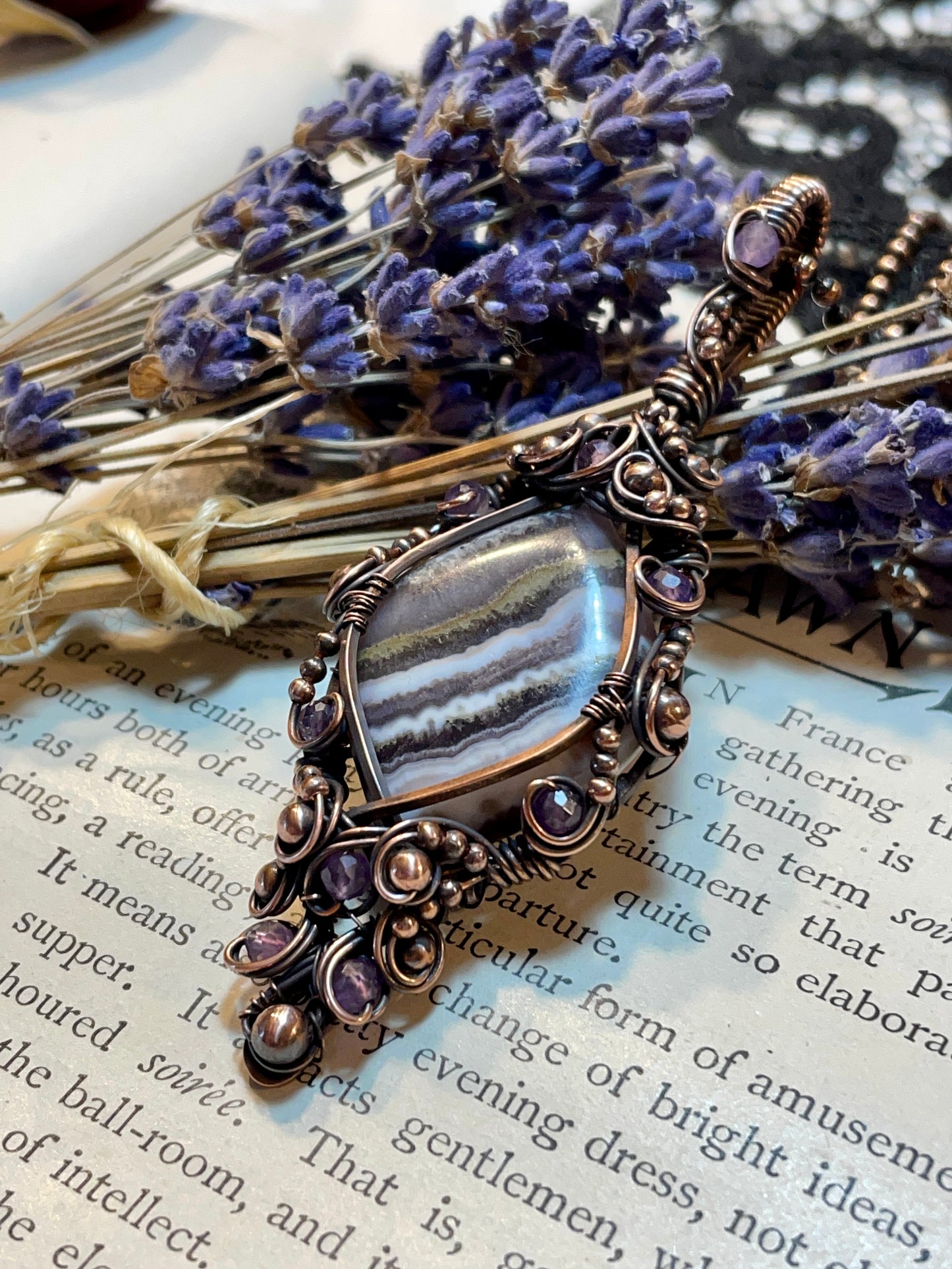 Amethyst Lace Agate Pendant in Copper