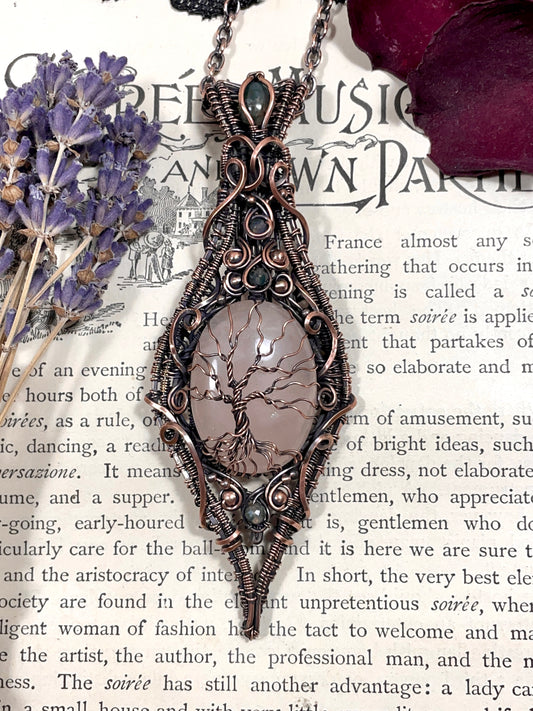 Rose Quartz and Moss Agate Tree of Life Pendant in Copper