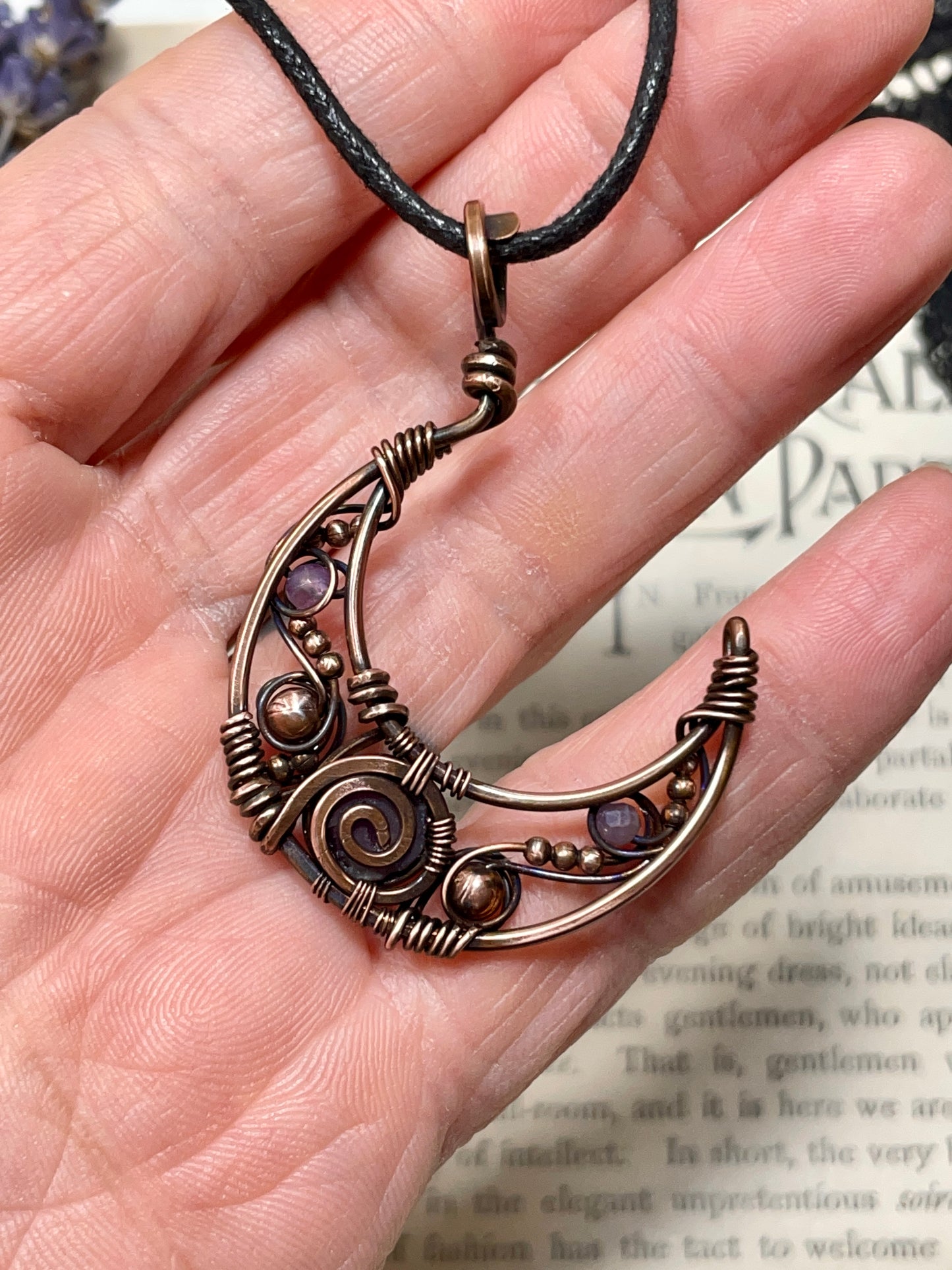 Amethyst Crescent Moon Pendant in Copper