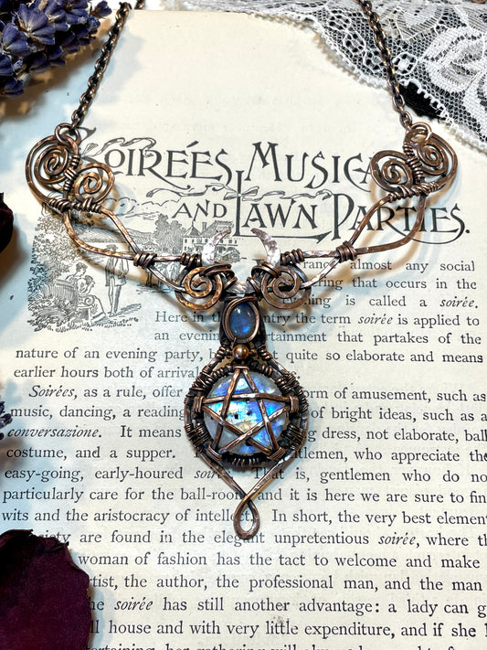 Moonstone (Rainbow Moonstone) Pentacle Collar in Copper