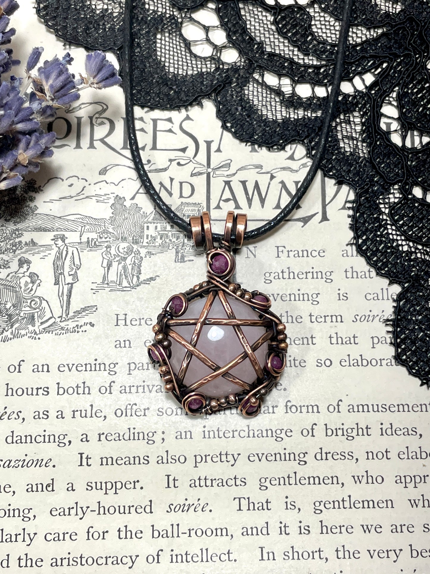Rose Quartz and Ruby Pentacle Pendant in Copper