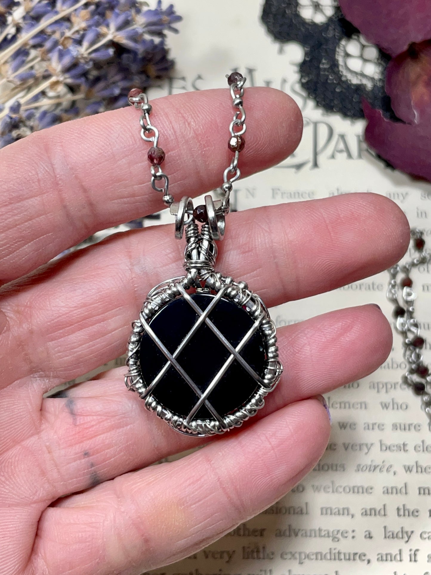 Onyx and Garnet Pentacle Pendant in Stainless Steel