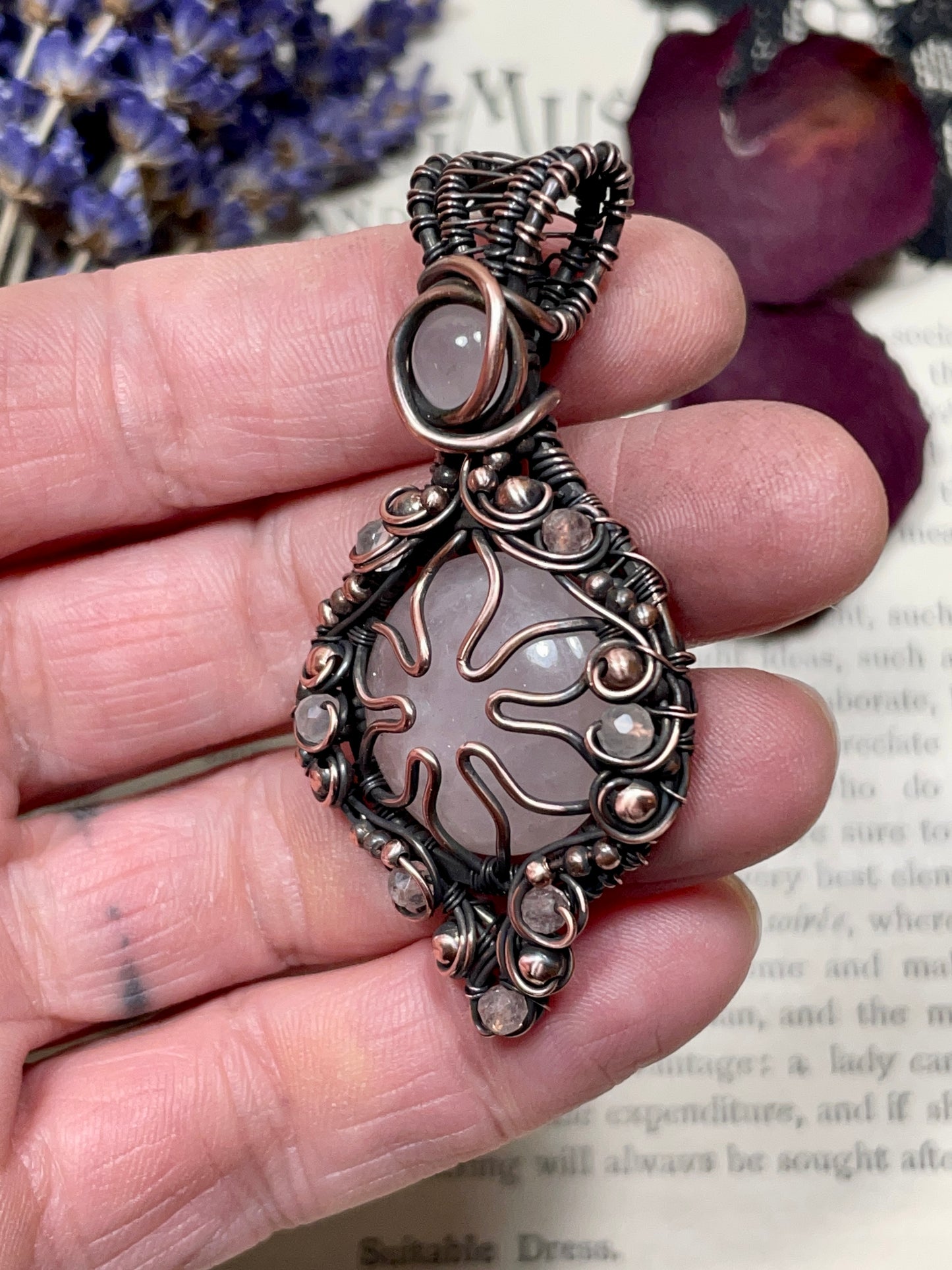 Rose Quartz Flower Pendant in Copper