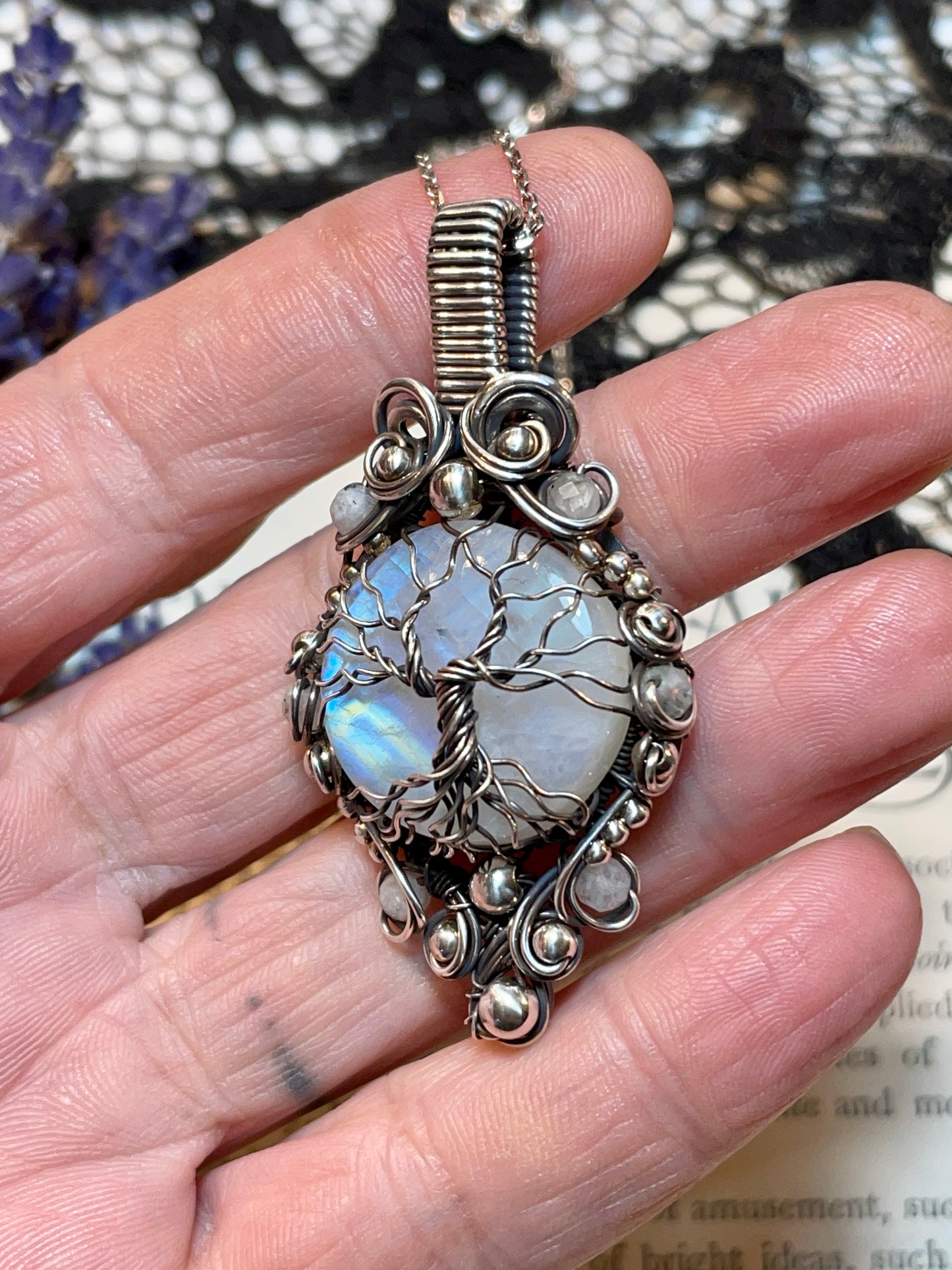 Moonstone (Rainbow Moonstone) Tree of Life Pendant in Sterling Silver