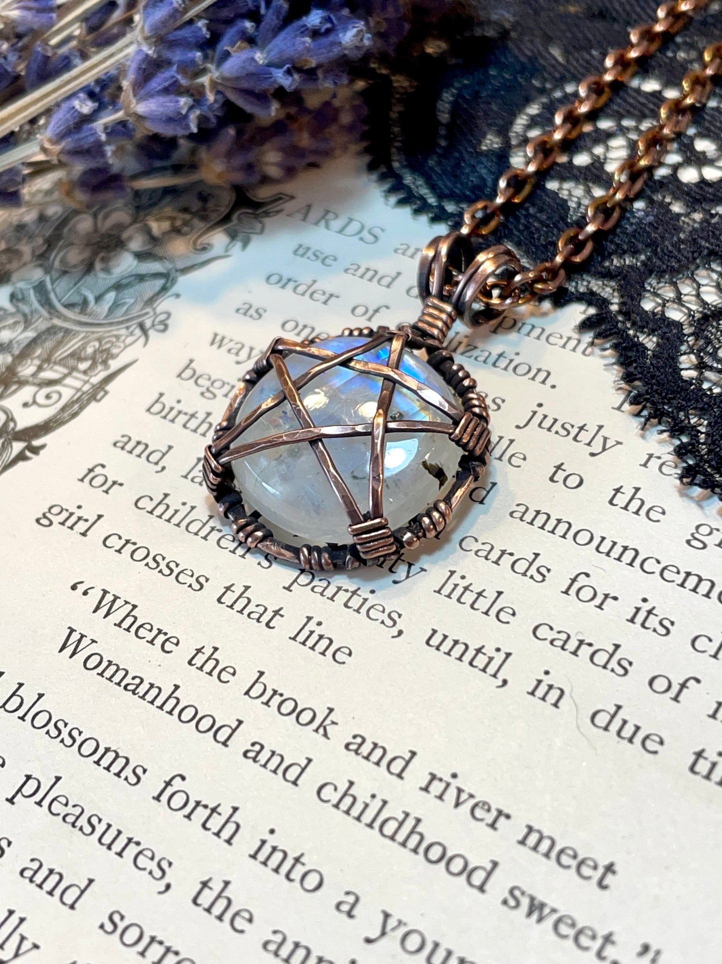 Moonstone (Rainbow Moonstone) Mini Pentacle Pendant in Antiqued Copper