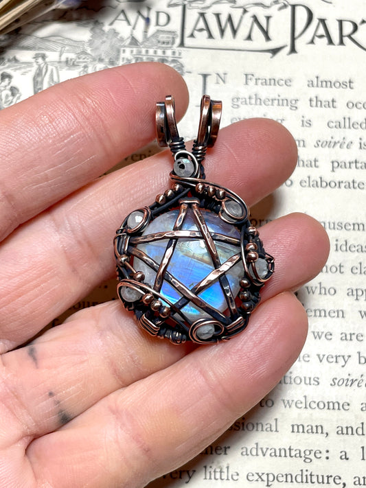 Rainbow Moonstone Pentacle Pendant in Copper