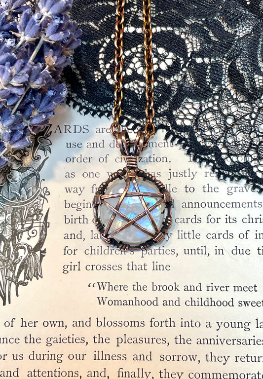 Moonstone (Rainbow Moonstone) Mini Pentacle Pendant in Antiqued Copper