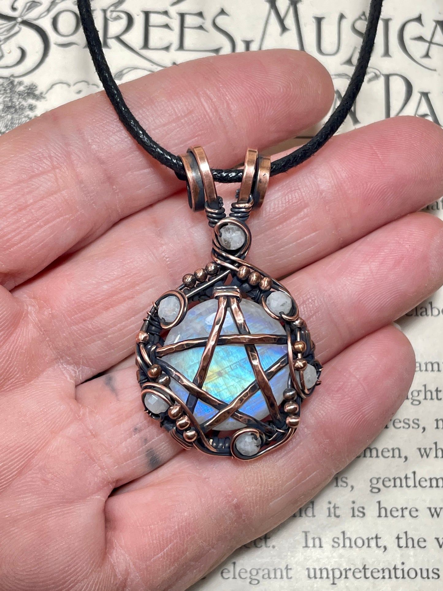 Moonstone (Rainbow Moonstone) Pentacle Pendant in Copper