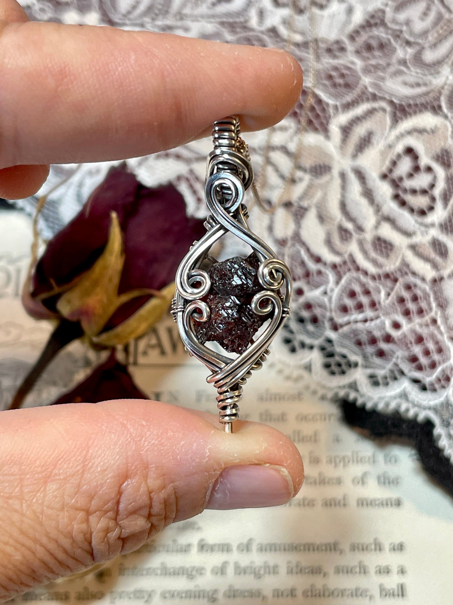 Natural Raw Etched Spessartine Garnet Pendant in Sterling Silver #3