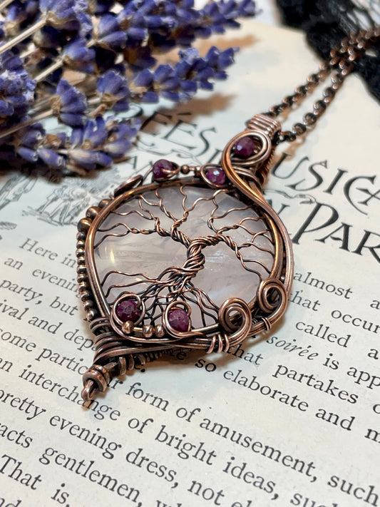 Rose Quartz and Ruby Tree of Life Pendant in Copper