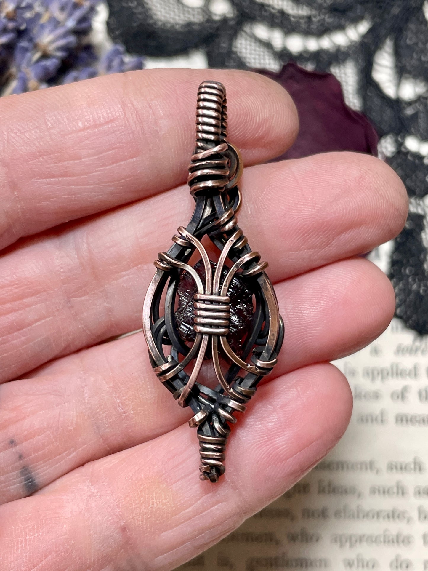 Garnet (Natural Raw Etched Spessartine Garnet) Pendant in Copper