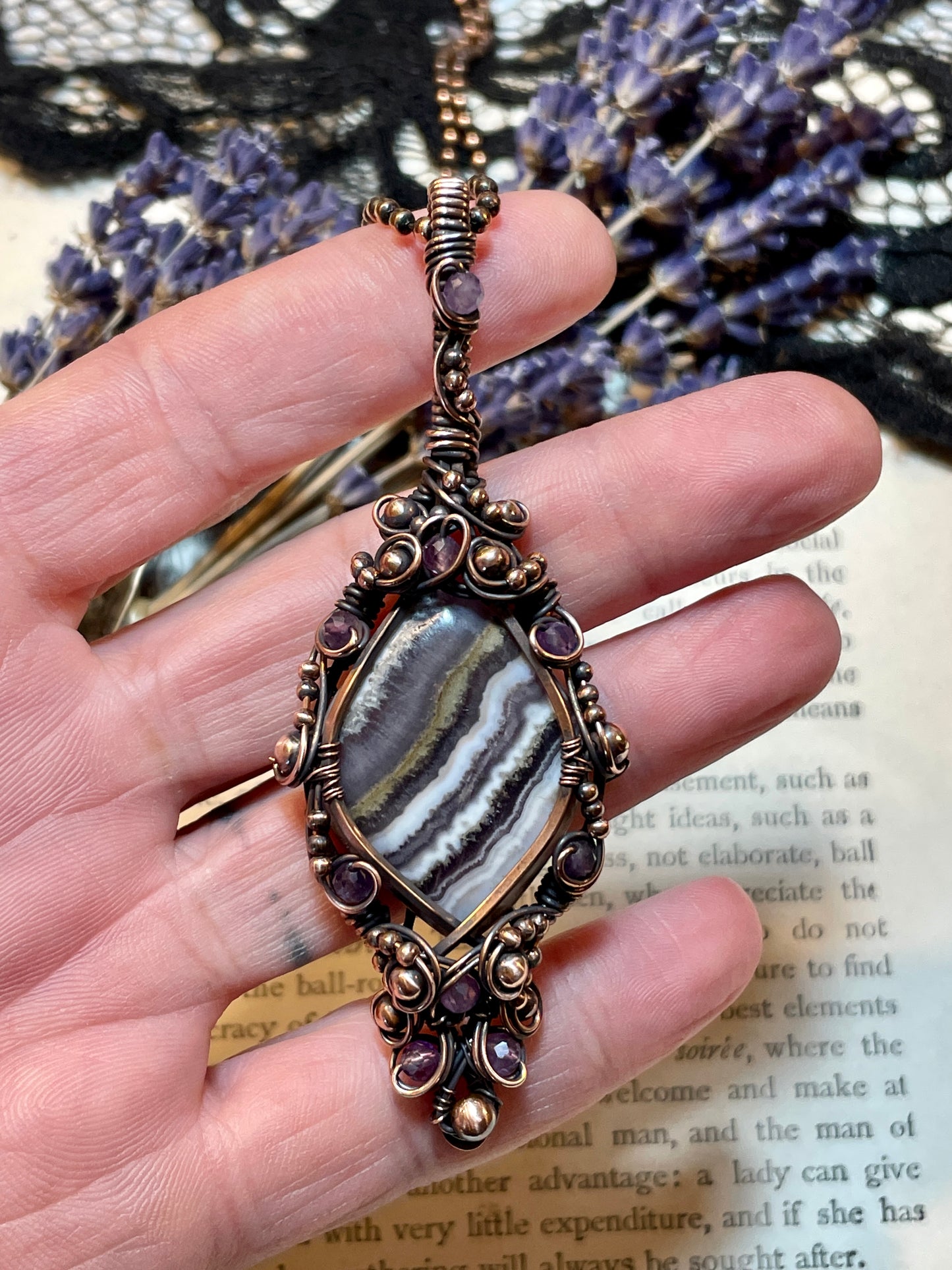 Amethyst Lace Agate Pendant in Copper