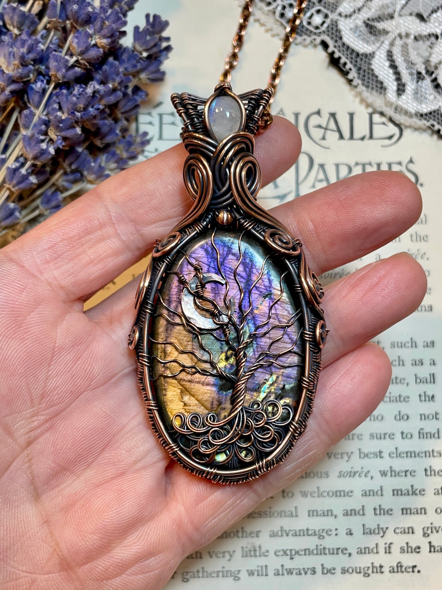 Labradorite Crescent Moon Tree of Life Amulet in Copper