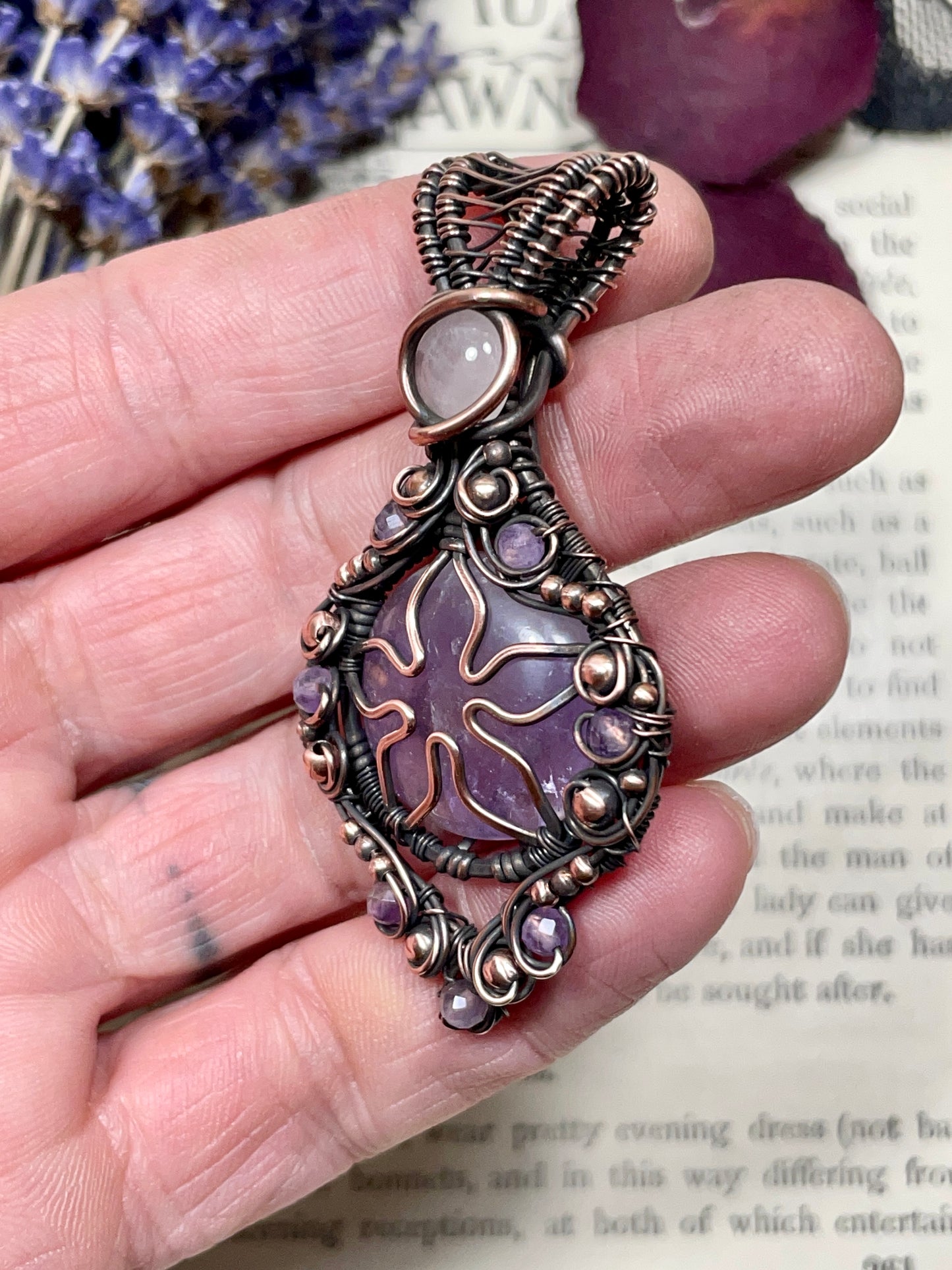Amethyst Quartz Flower Pendant in Copper