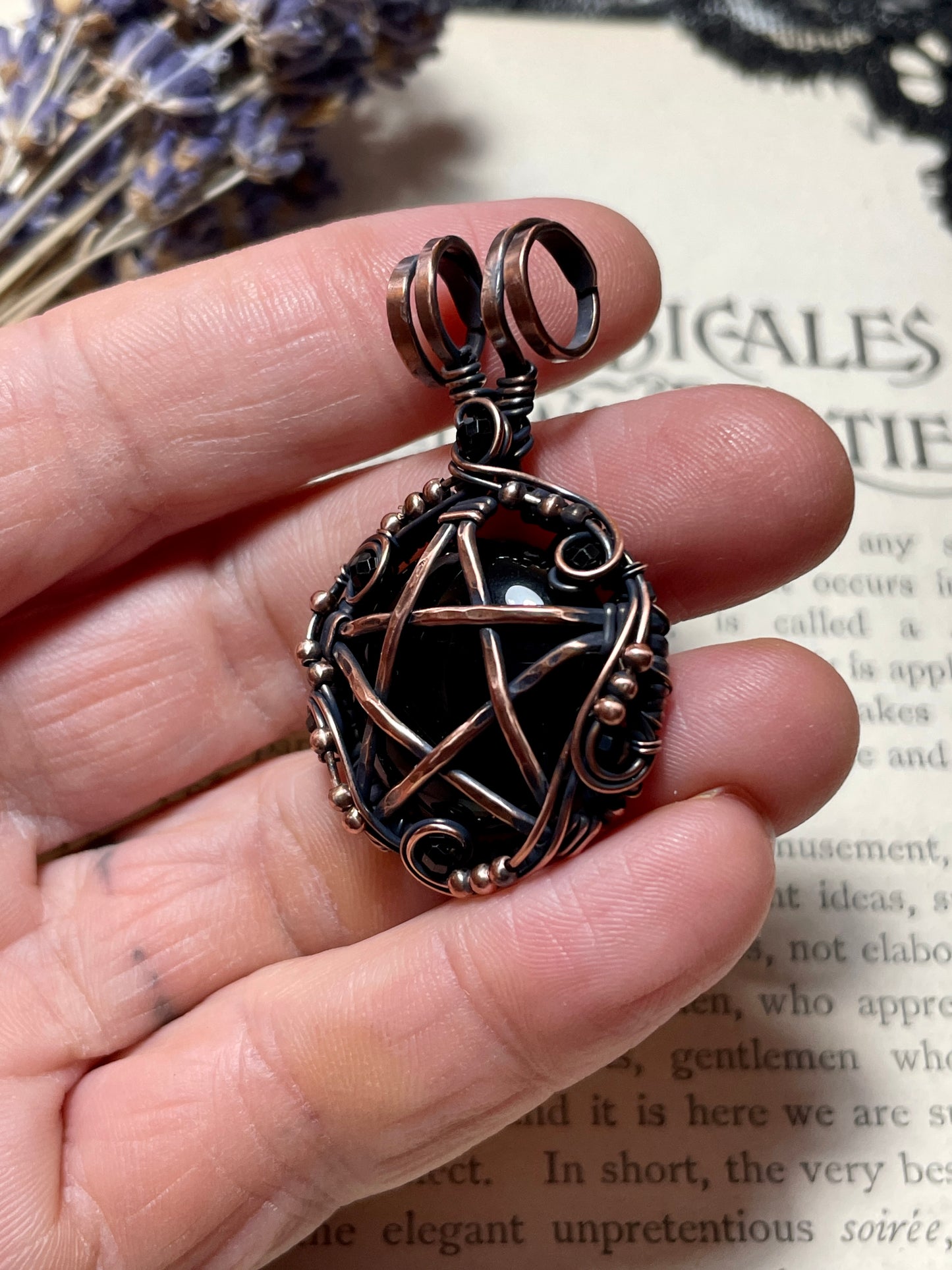 Onyx and Spinel Pentacle Pendant in Copper
