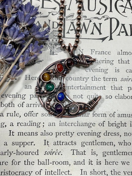 Chakra Rainbow Crescent Moon Pendant in Copper