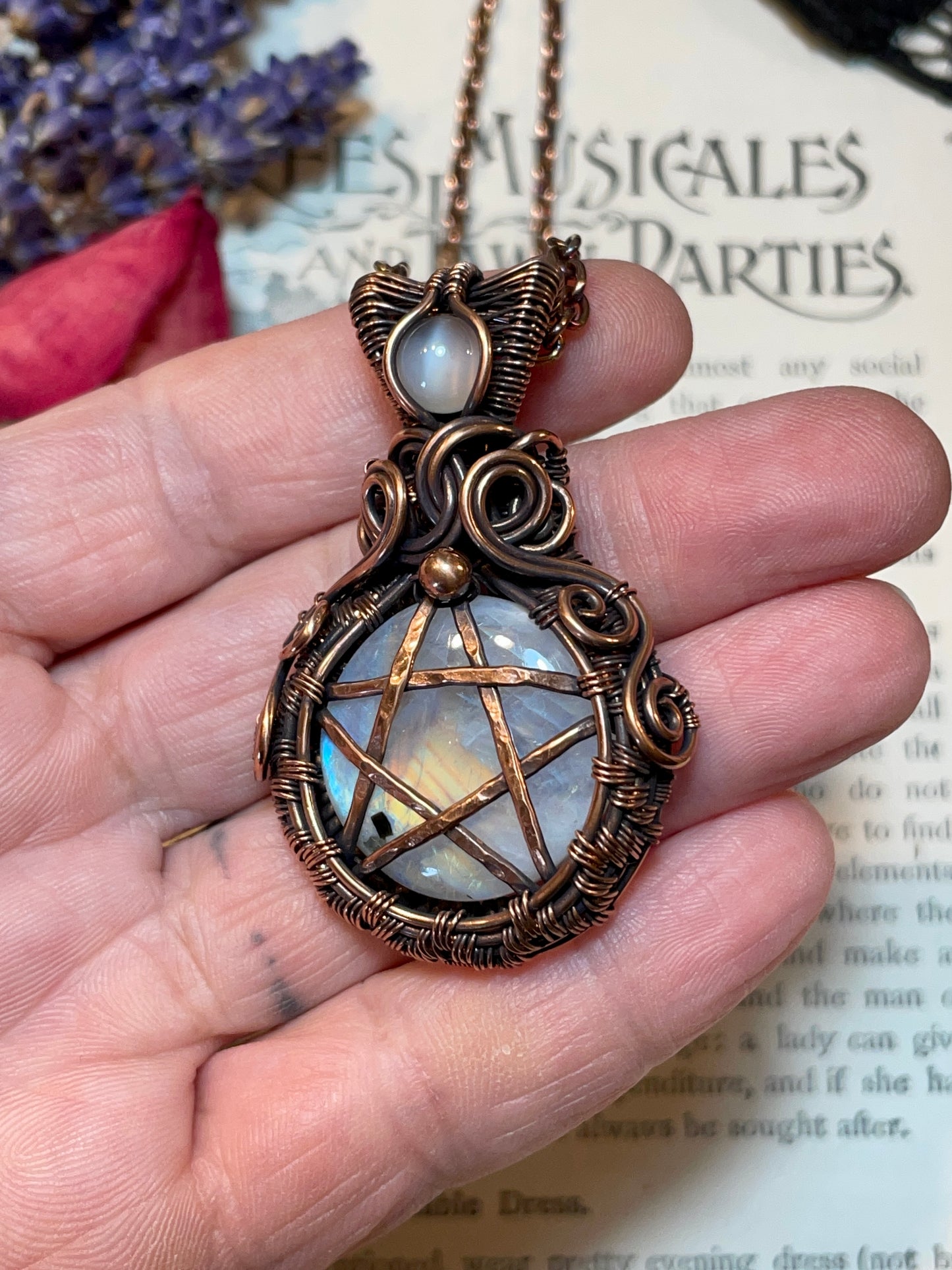 Moonstone (Rainbow Moonstone) Pentacle Pendant in Copper