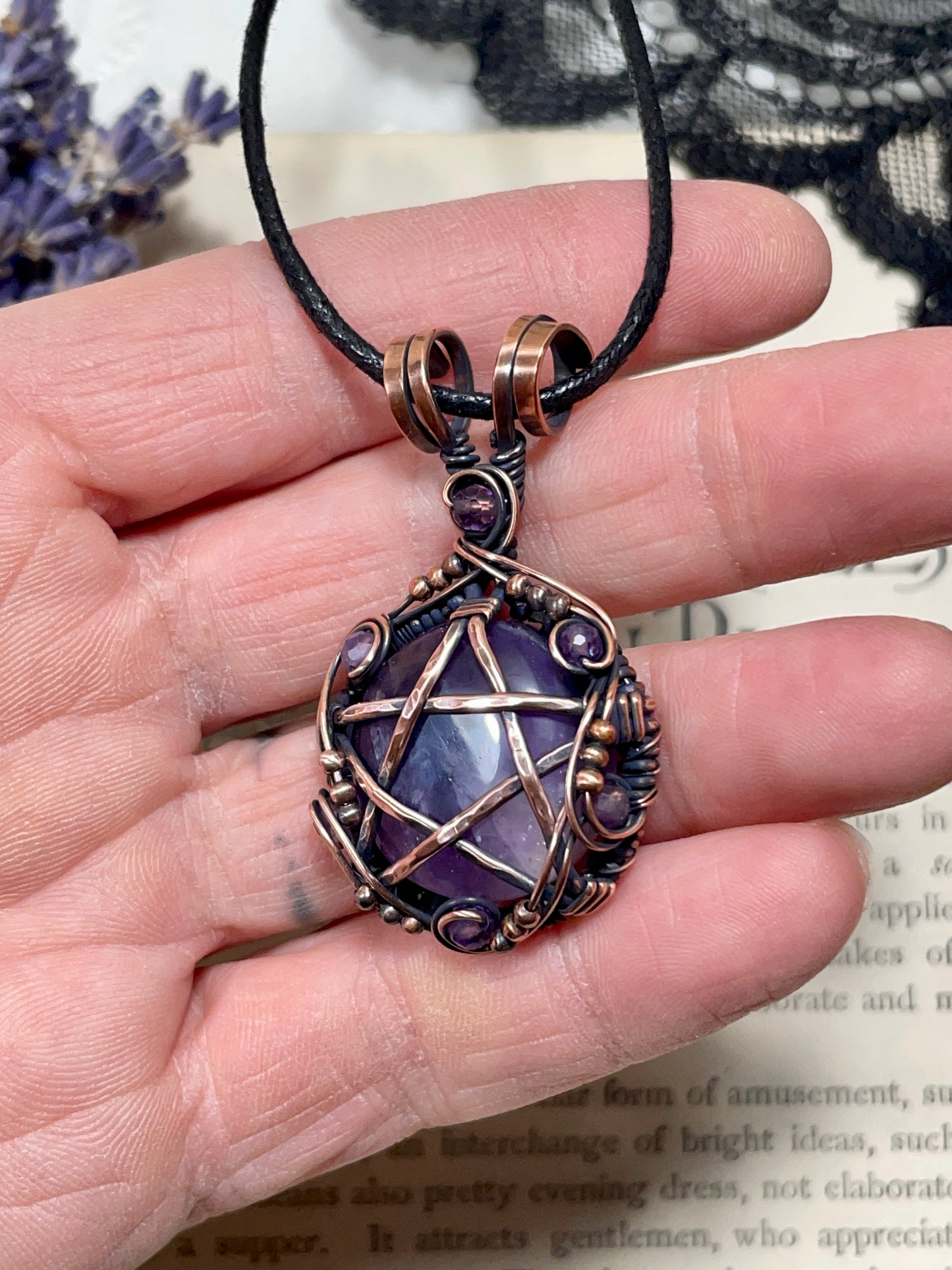 Amethyst Pentacle Pendant in Antiqued Copper