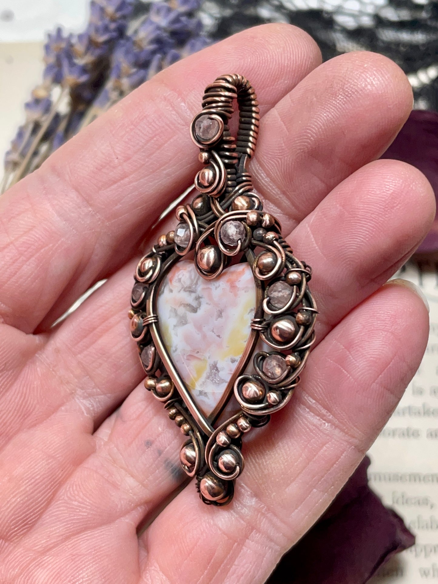 Agate (Pink Agate) Heart Pendant in Copper