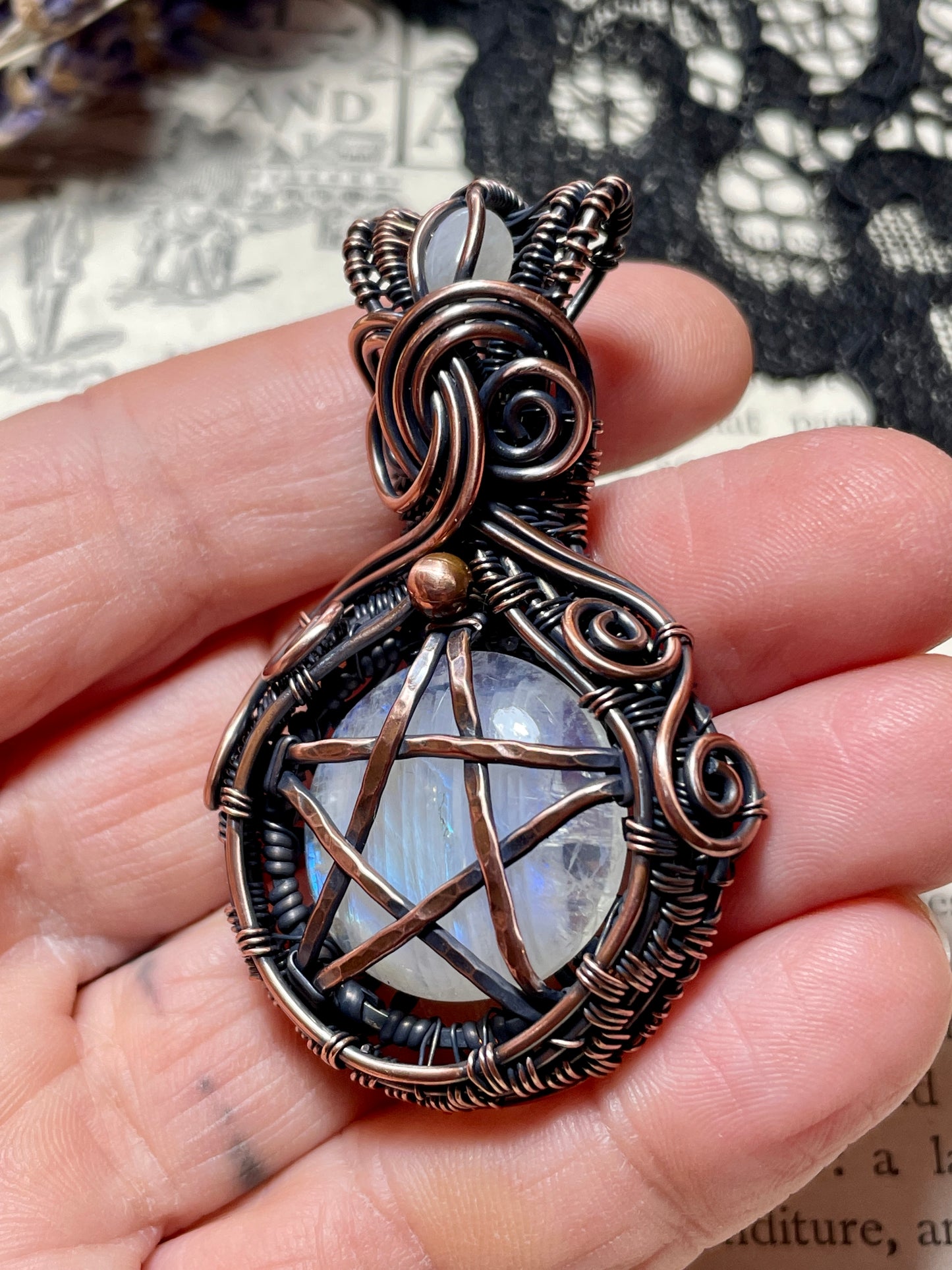 Rainbow Moonstone Pentacle Pendant in Copper