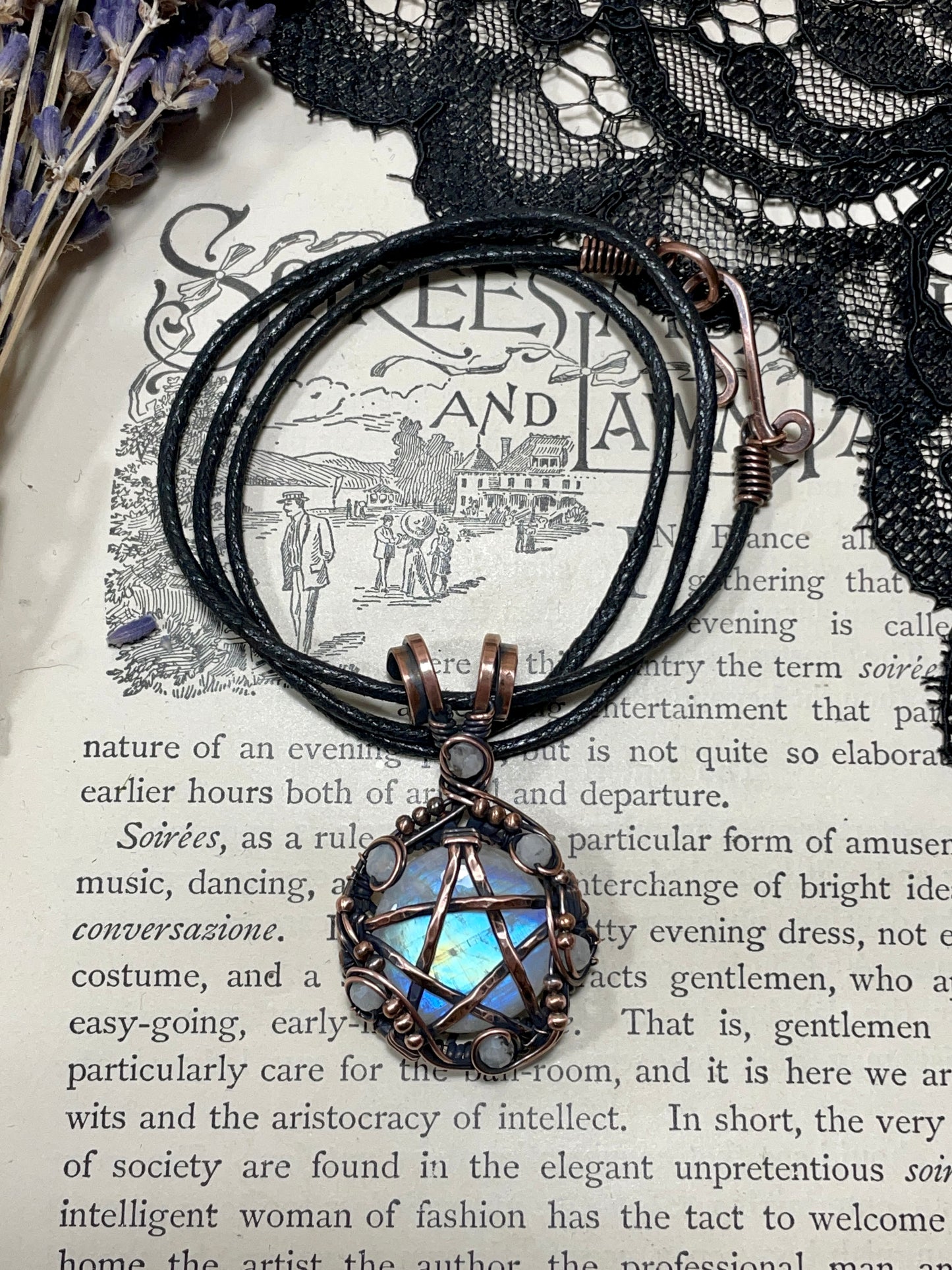 Moonstone (Rainbow Moonstone) Pentacle Pendant in Copper