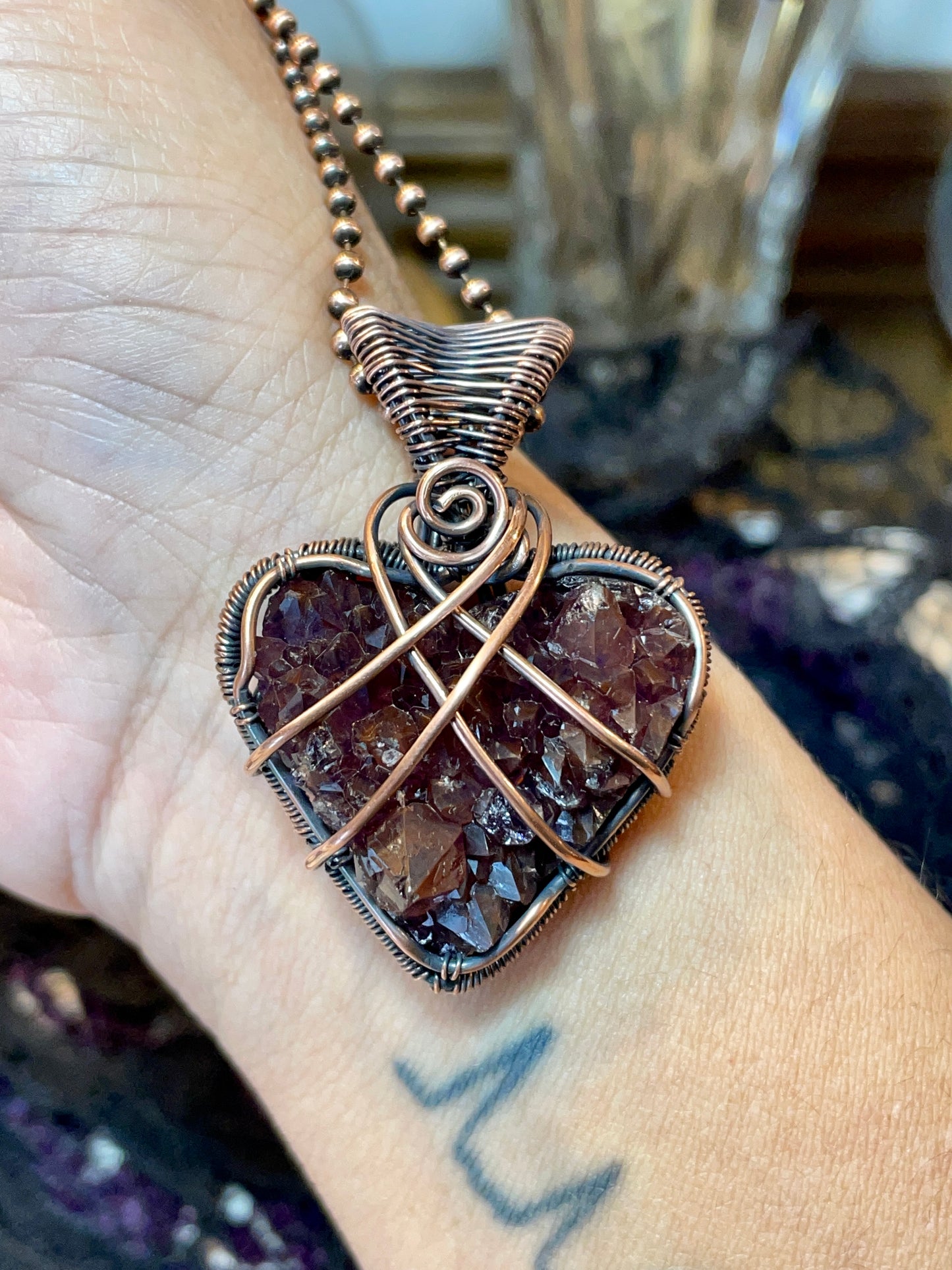 Amethyst Heart Pendant (Thunder Bay, Ontario Amethyst Cluster) in Copper