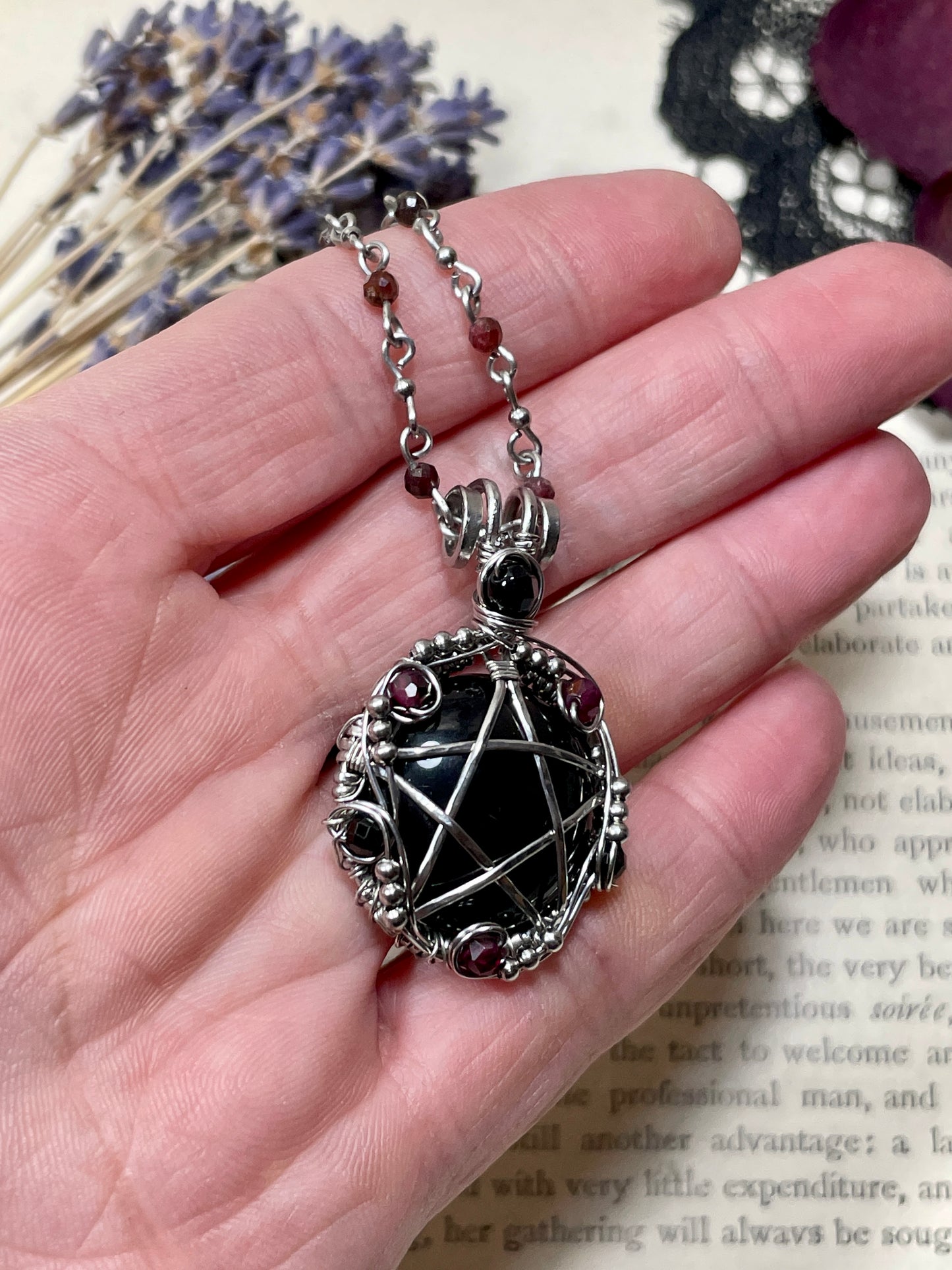 Onyx and Garnet Pentacle Pendant in Stainless Steel