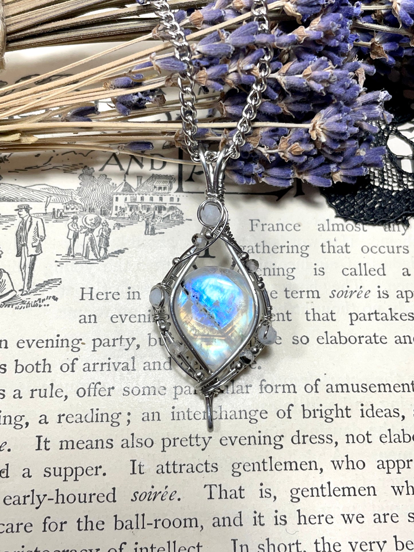 Moonstone (Rainbow Moonstone) Pendant in Stainless Steel