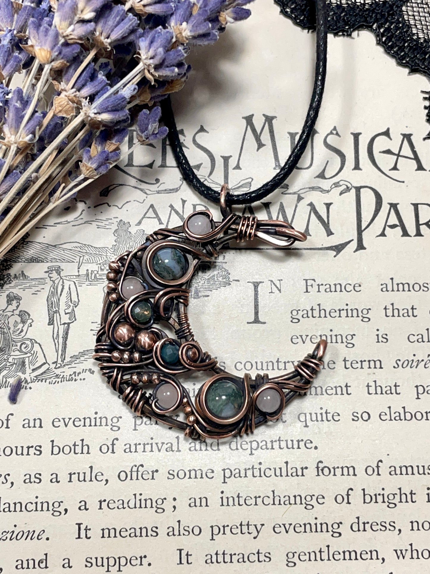 Moss Agate & Rose Quartz Crescent Moon Pendant in Copper