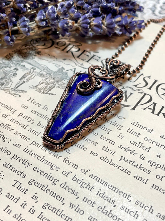 Lapis Lazuli Pendant woven in Copper