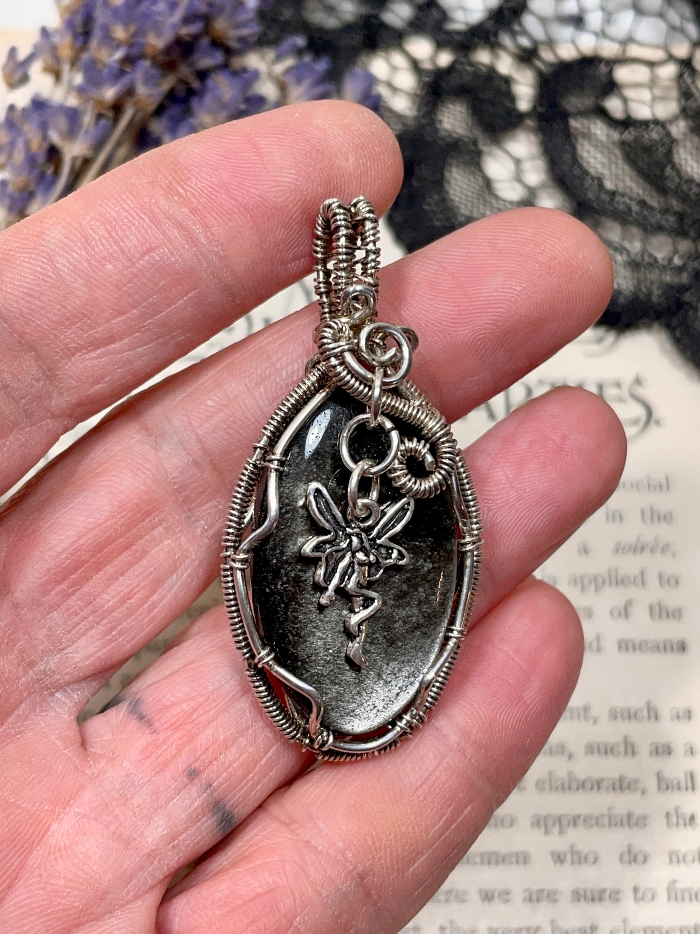 Obsidian (Silver Sheen Obsidian) Fairy Pendant in Sterling Silver