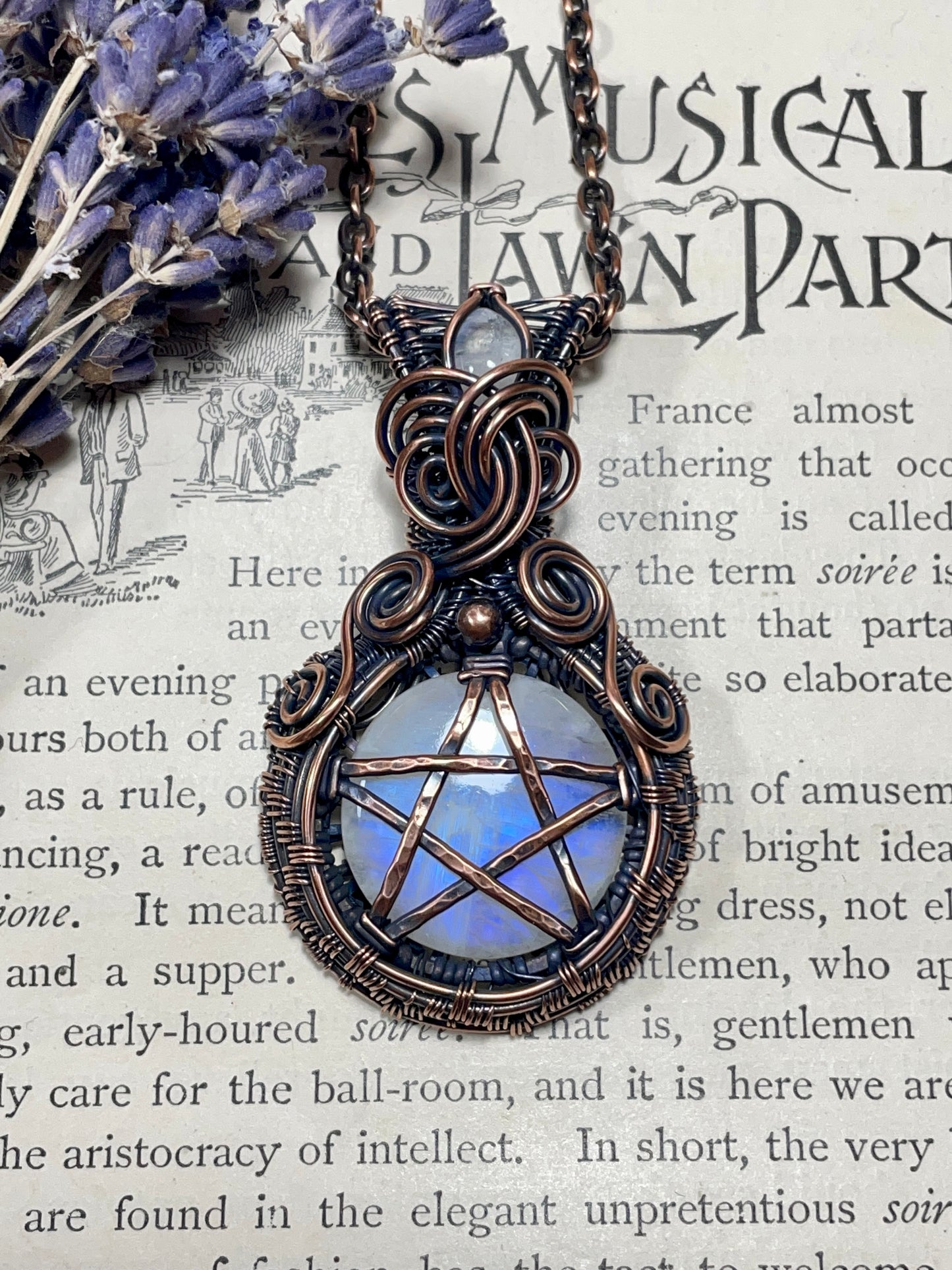 Moonstone (Rainbow Moonstone) Pentacle Pendant in Copper