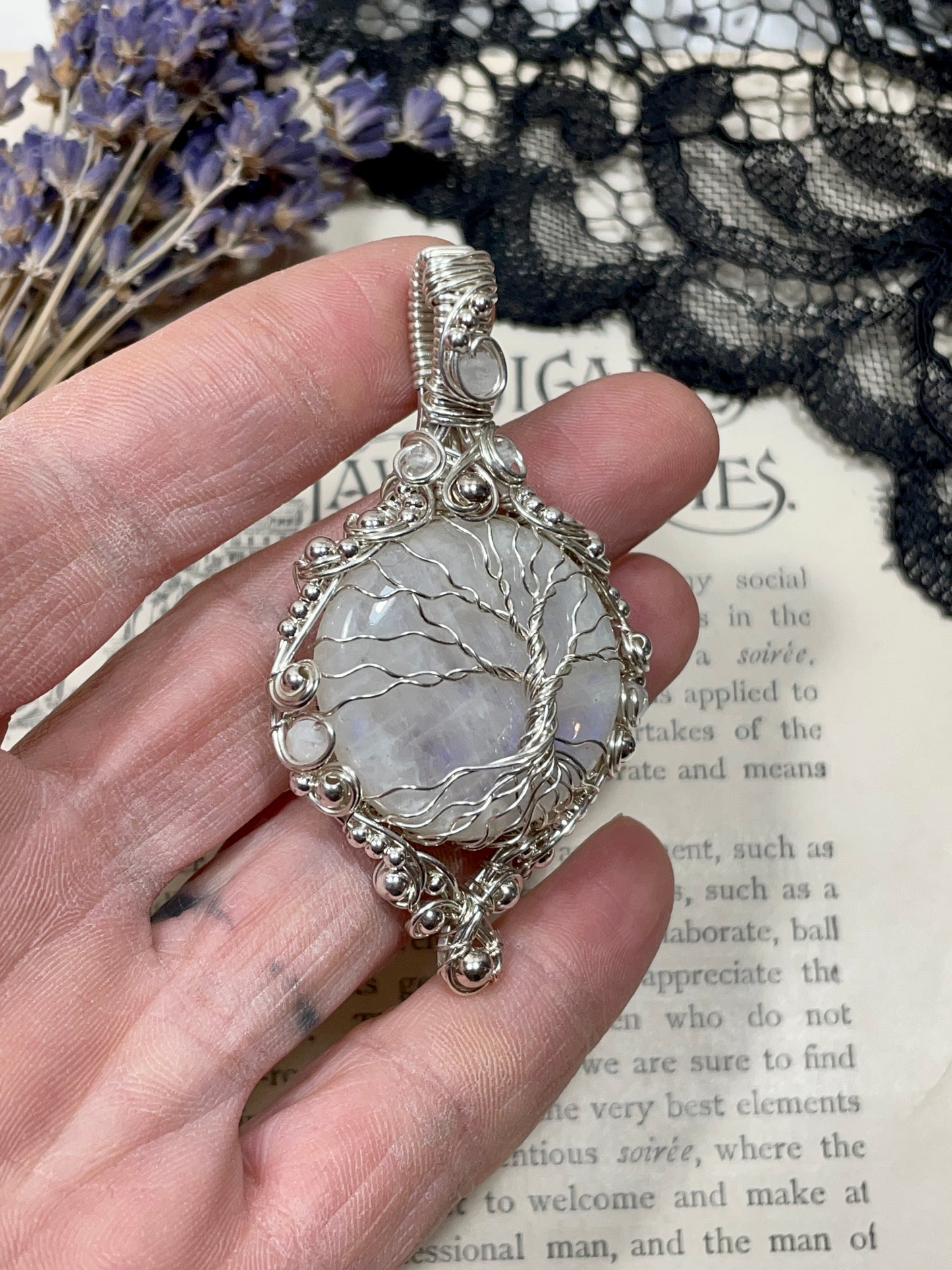 Moonstone (Rainbow Moonstone) Tree of Life Pendant in Sterling Silver