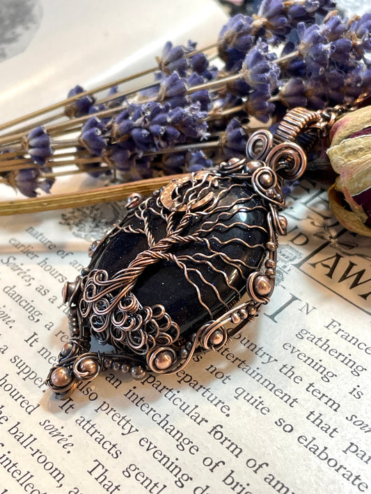 Goldstone (Blue Goldstone) Tree of Life Amulet in Copper