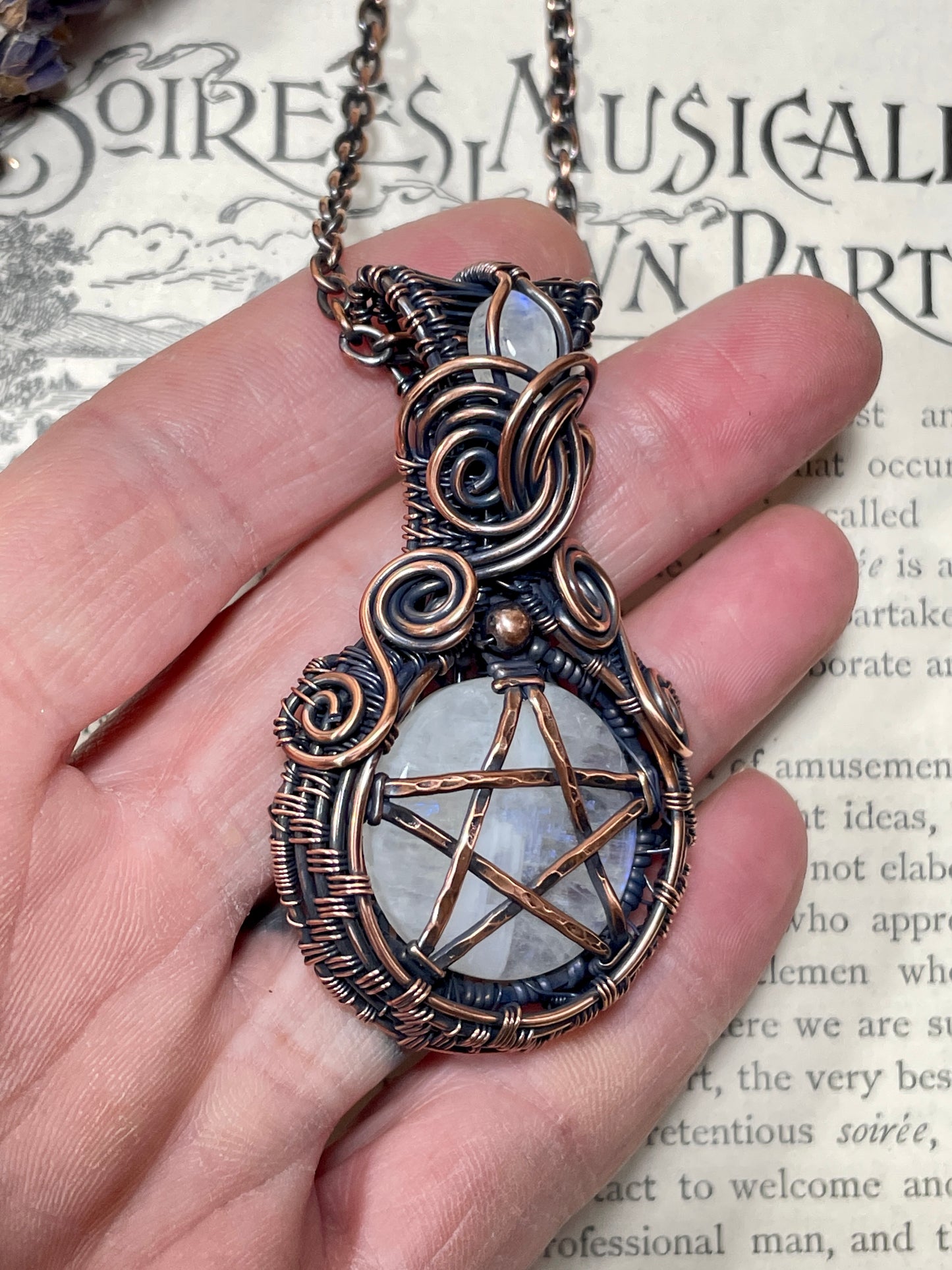 Moonstone (Rainbow Moonstone) Pentacle Pendant in Copper