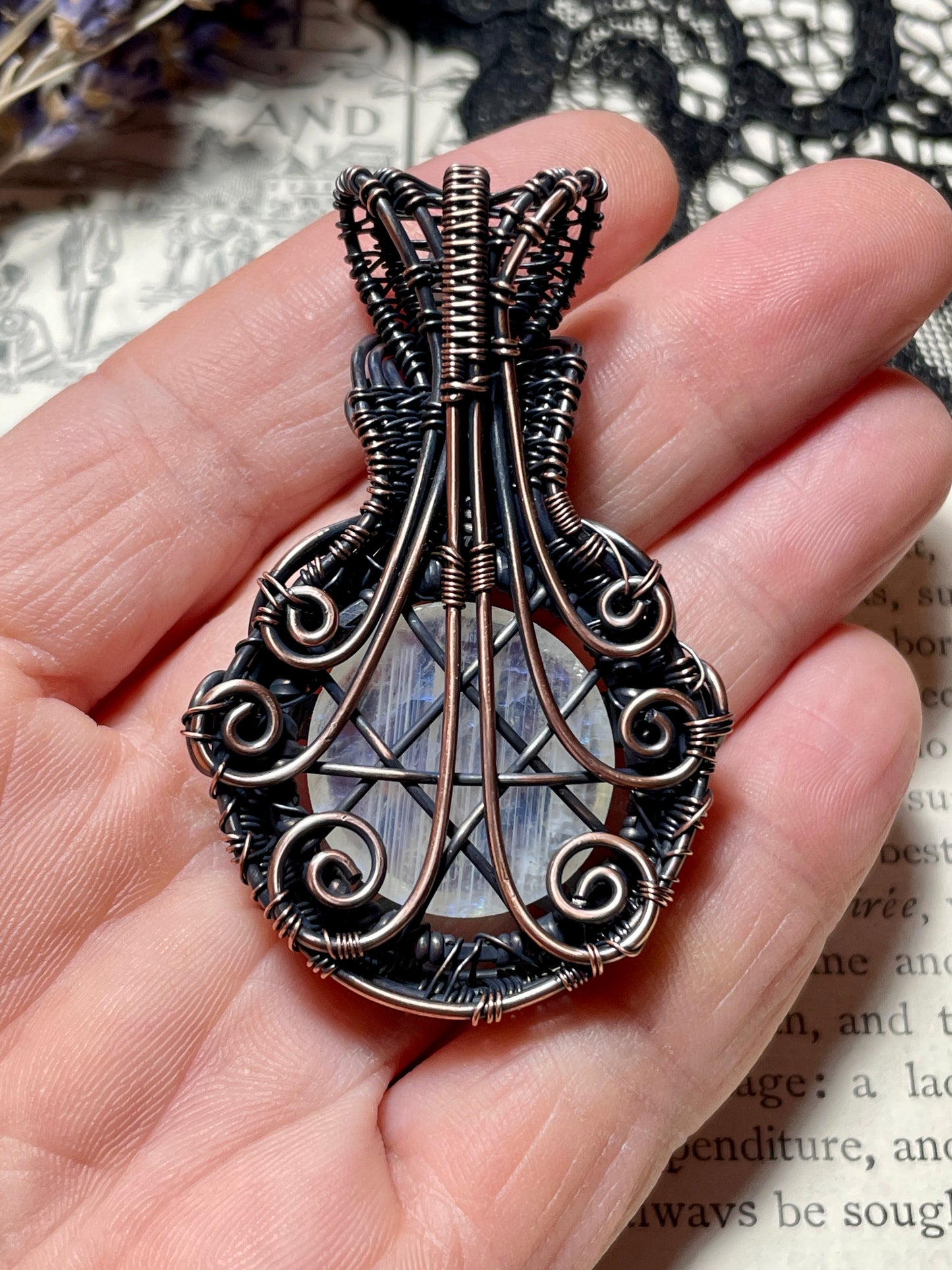 Rainbow Moonstone Pentacle Pendant in Copper