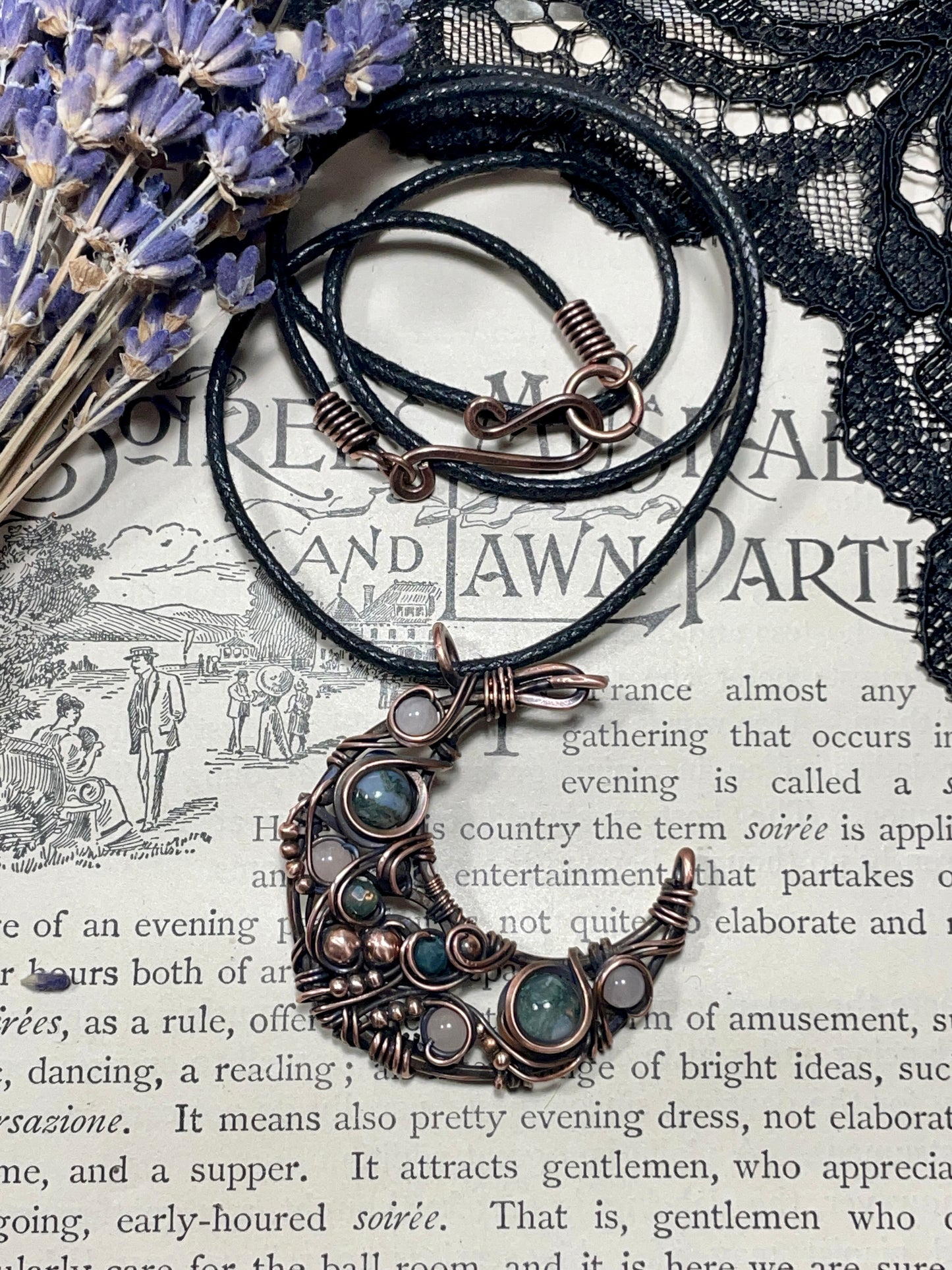 Moss Agate & Rose Quartz Crescent Moon Pendant in Copper