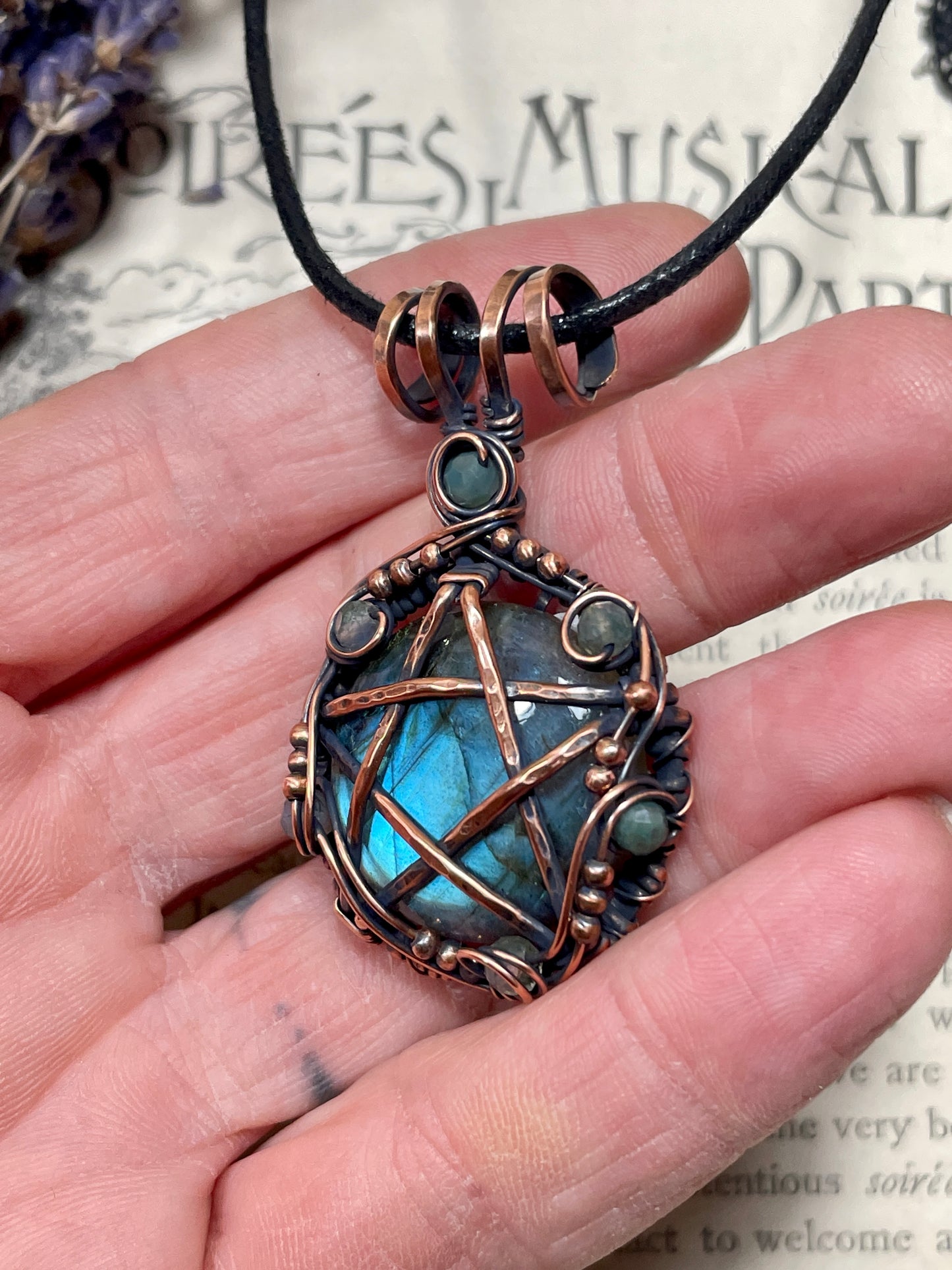 Labradorite Pentacle Pendant in Antique Copper