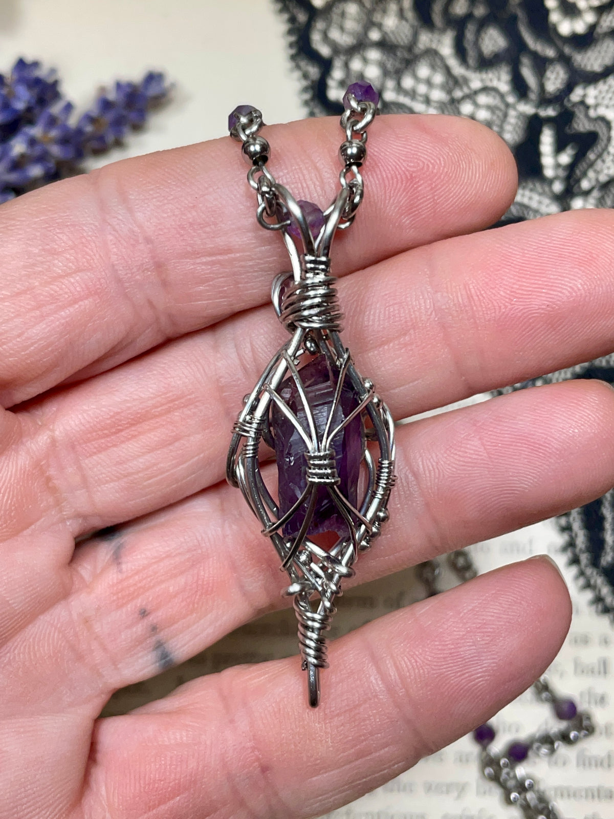 Amethyst Point(Tutu Amethyst) Pendant in Stainless Steel