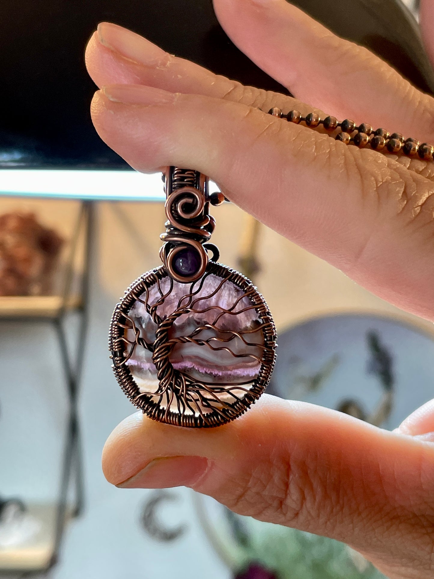 Amethyst Lace Agate mini Tree of Life Pendant in Copper