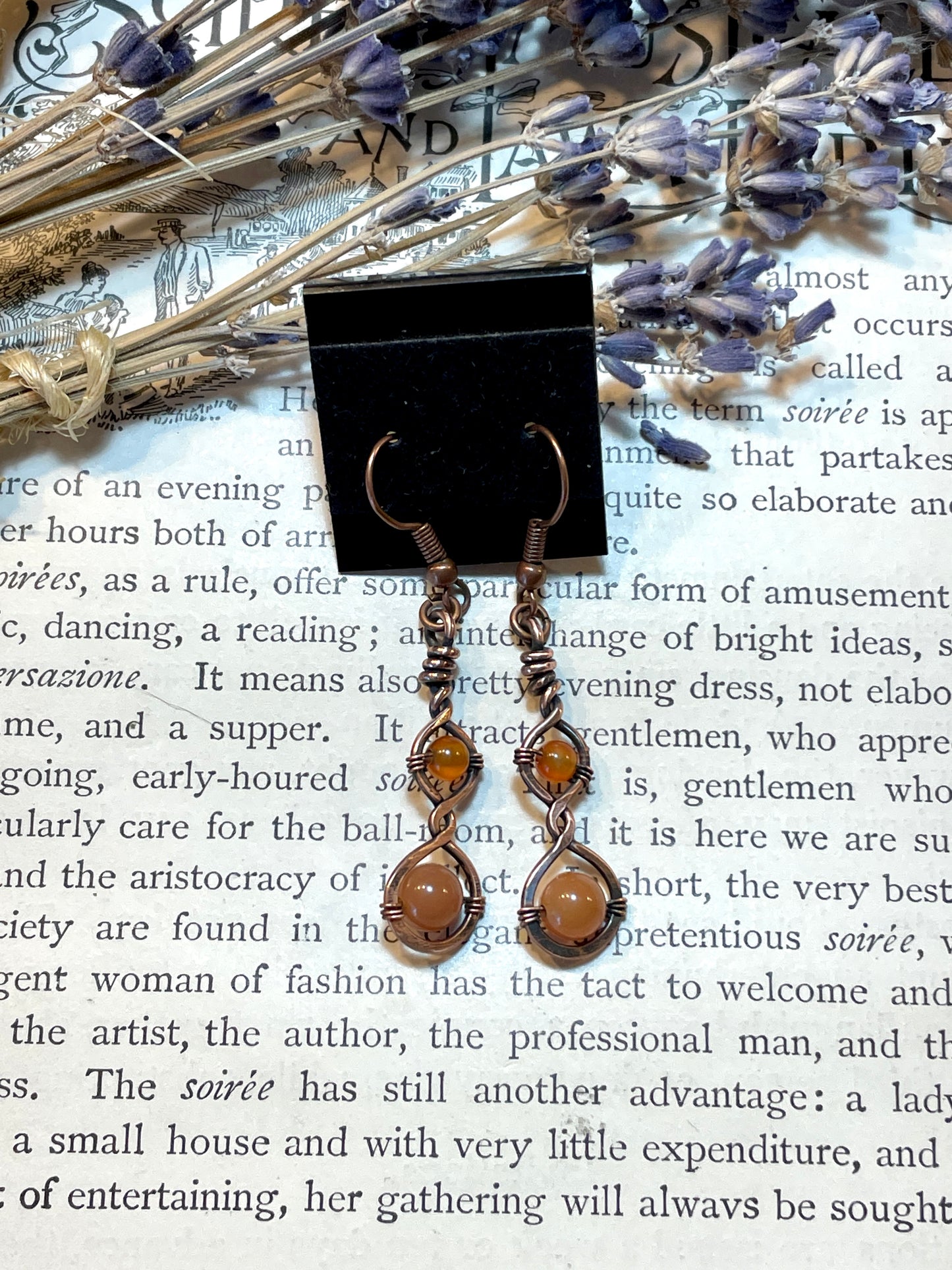 Carnelian Earrings in hammered copper