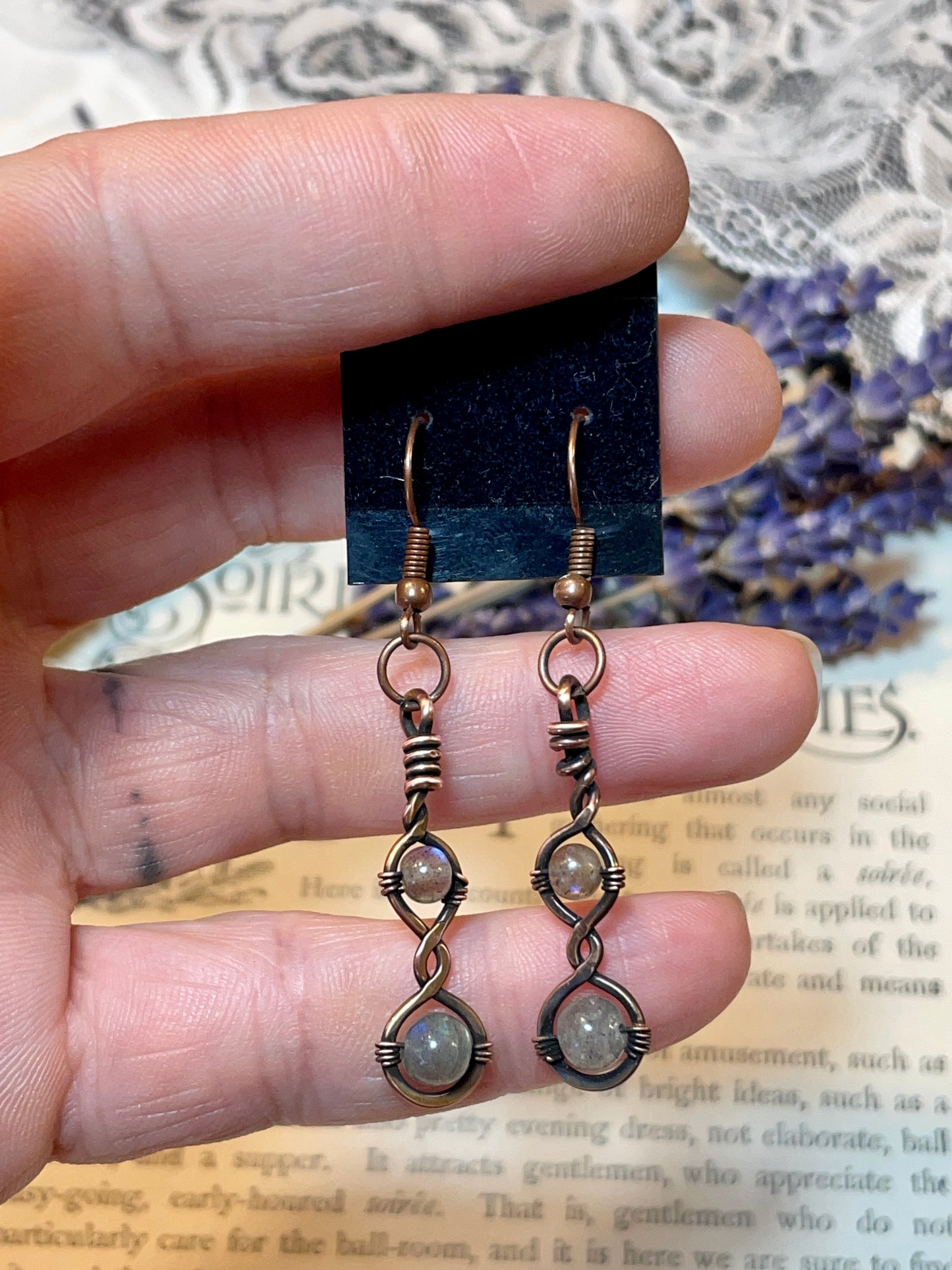 Labradorite Earrings in hammered copper