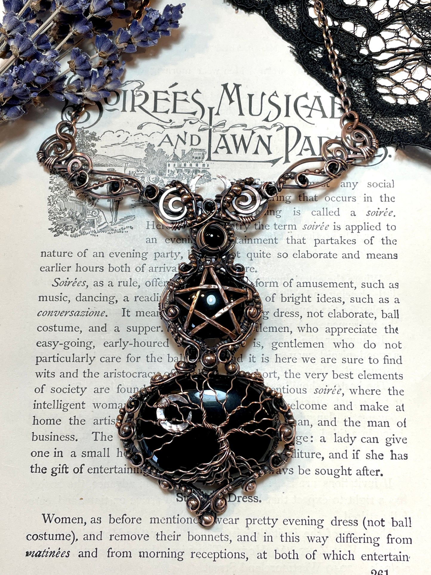 Black Onyx Tree of Life, Pentacle Collar in Copper