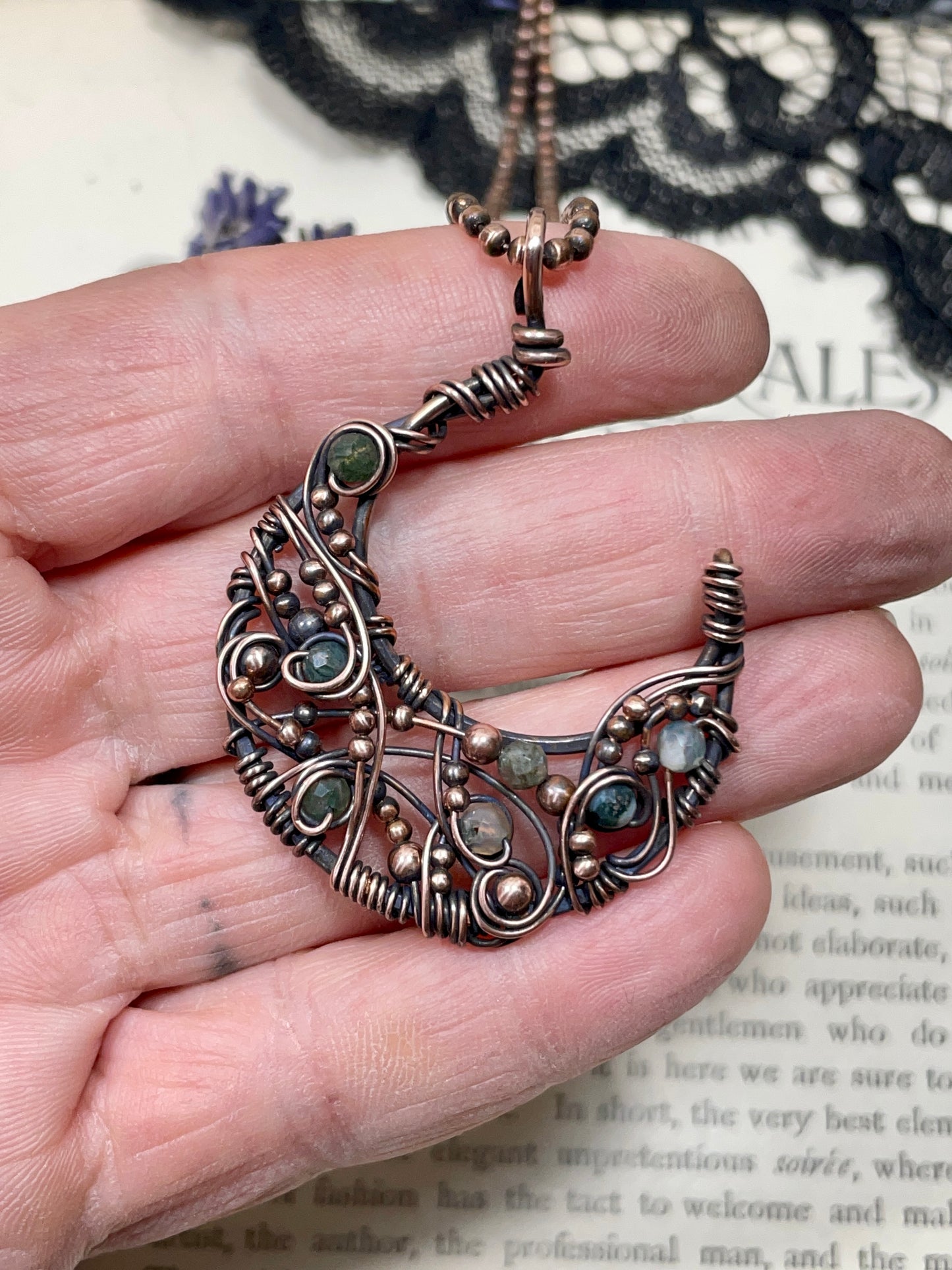 Moss Agate Crescent Moon Pendant in Copper