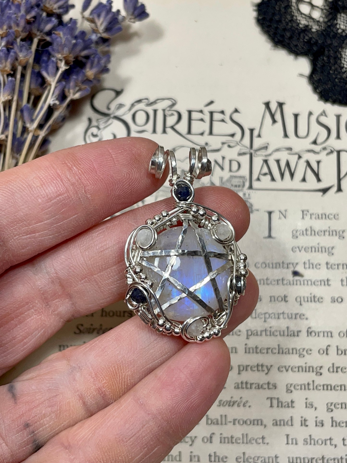 Moonstone (Rainbow Moonstone) Pentacle Pendant in Sterling Silver