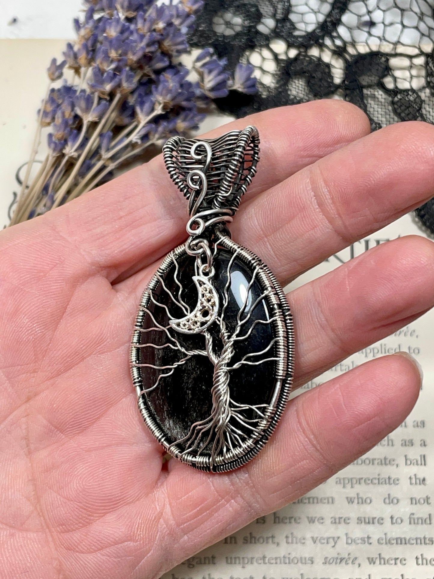Obsidian (Silver Sheen Obsidian) Tree of Life Pendant in Sterling Silver