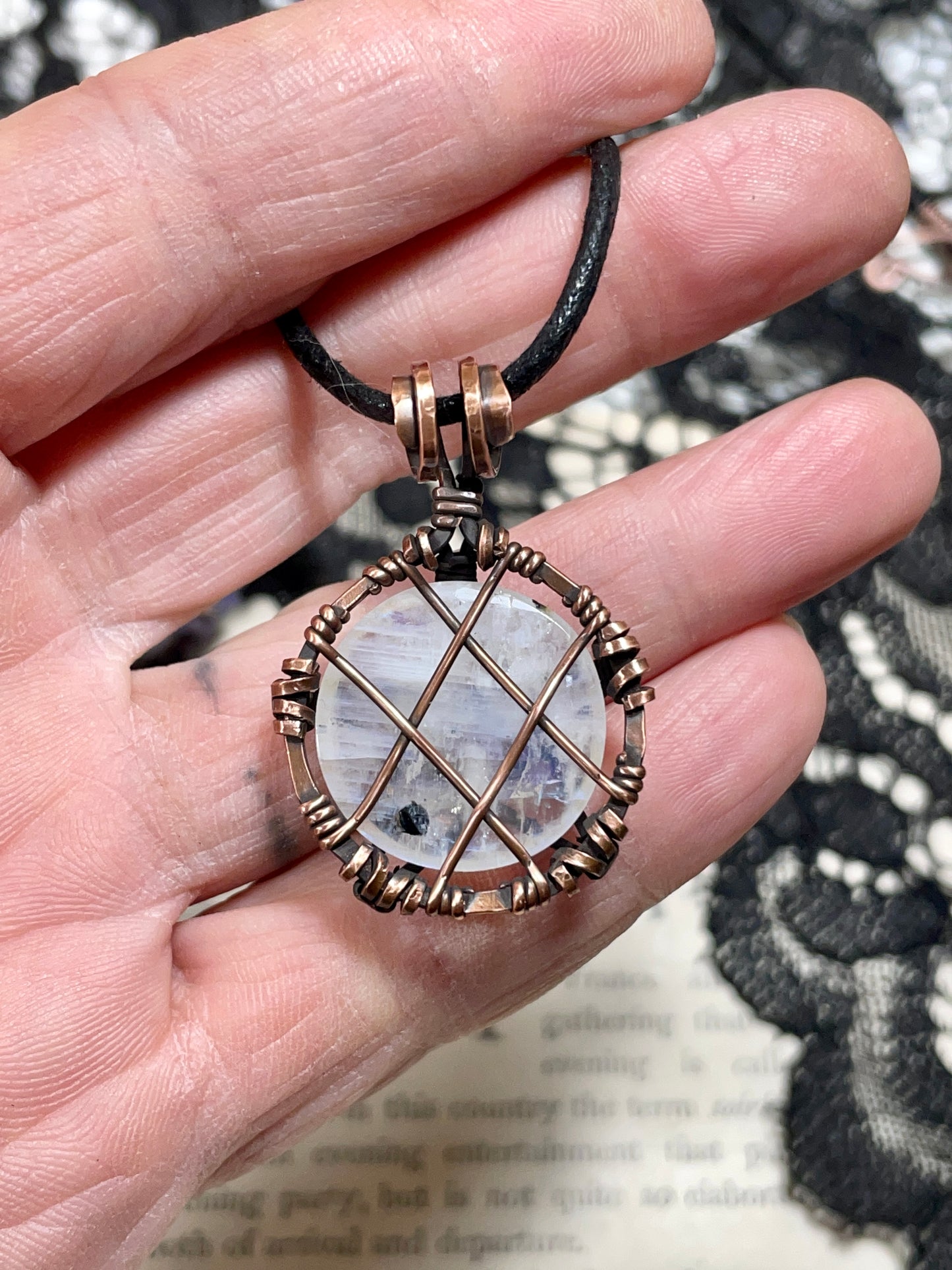 Moonstone (Rainbow Moonstone) Pentacle Pendant in Antiqued Copper
