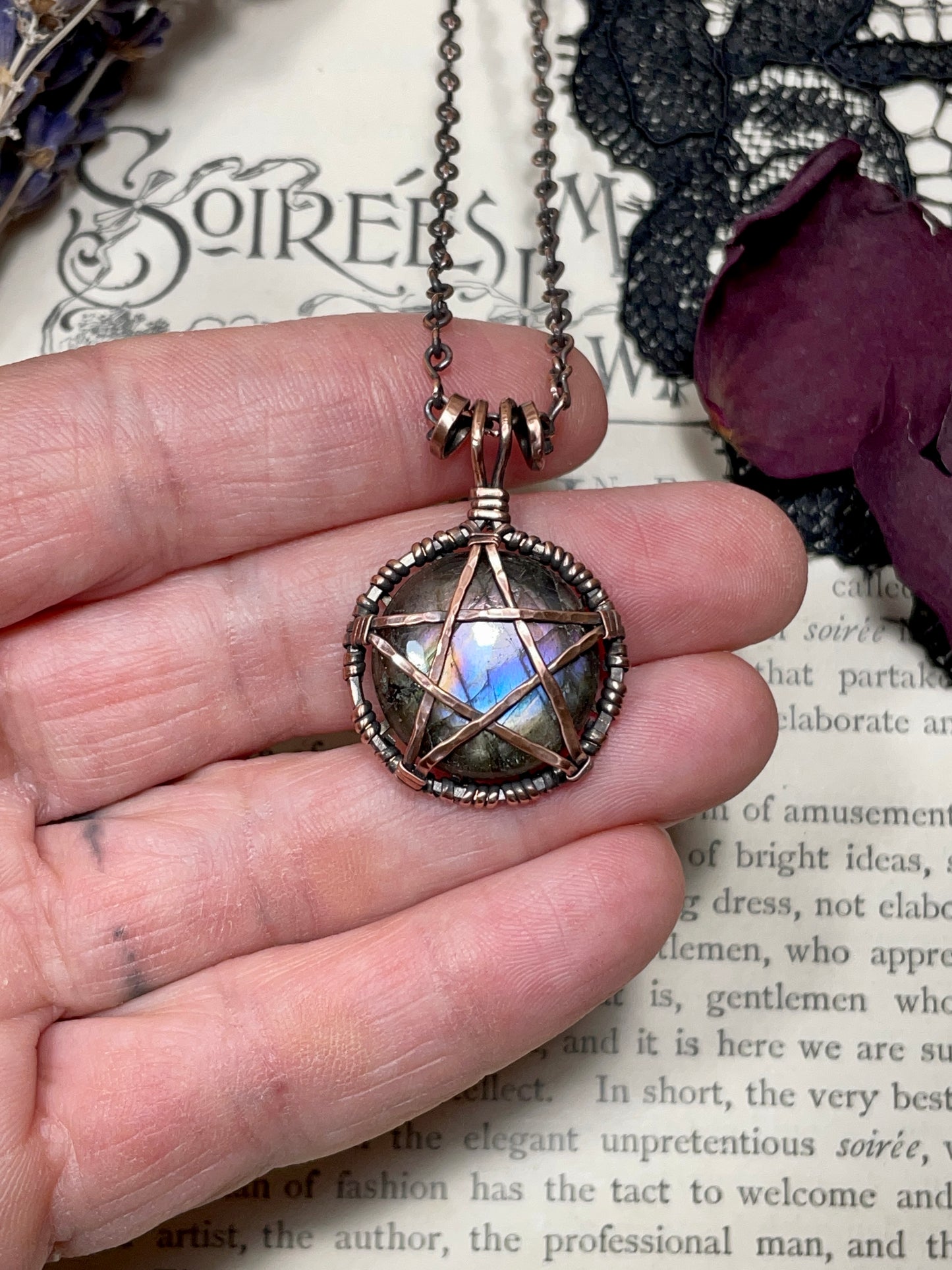 Labradorite Pentacle Pendant in Antiqued Copper