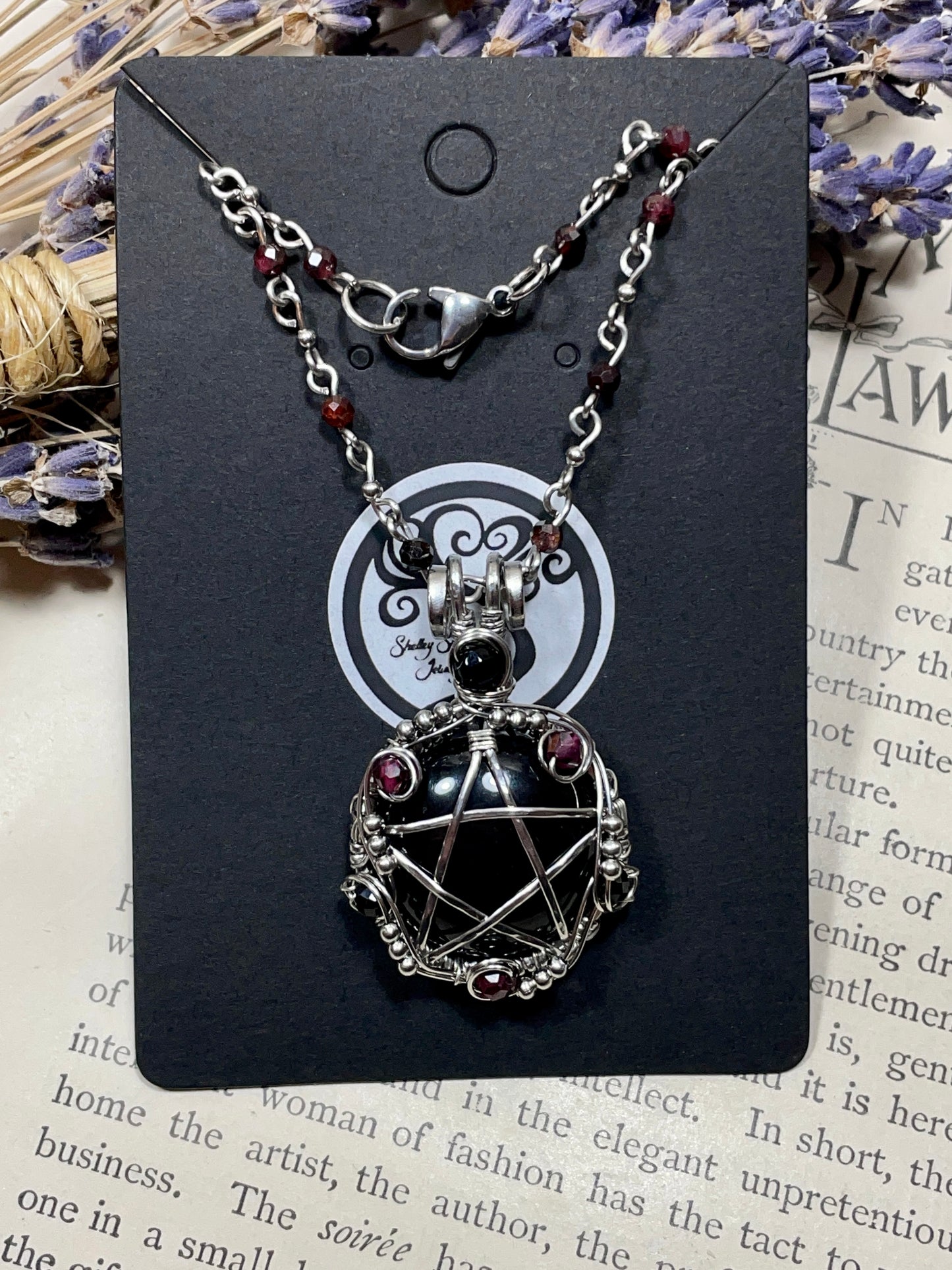 Onyx and Garnet Pentacle Pendant in Stainless Steel